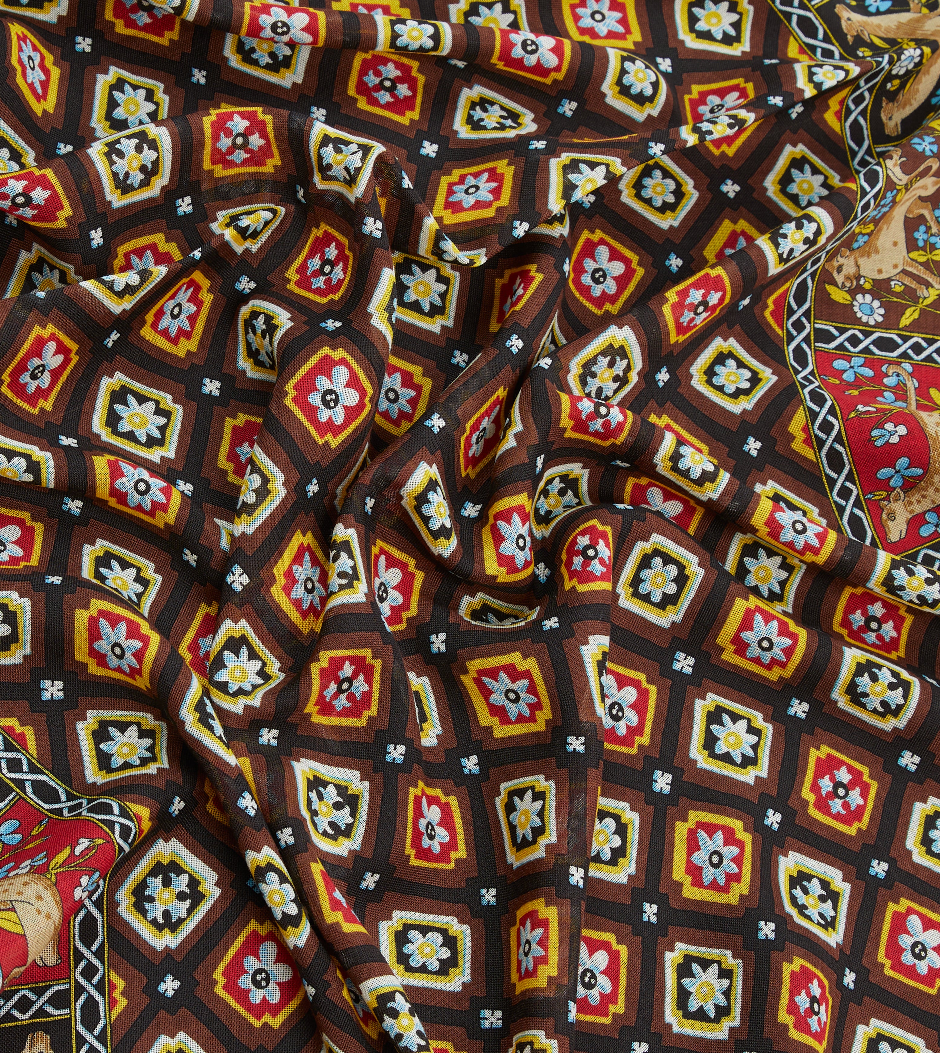 Navy and Brown Animal Border Medallion Print Wool-Silk Scarf