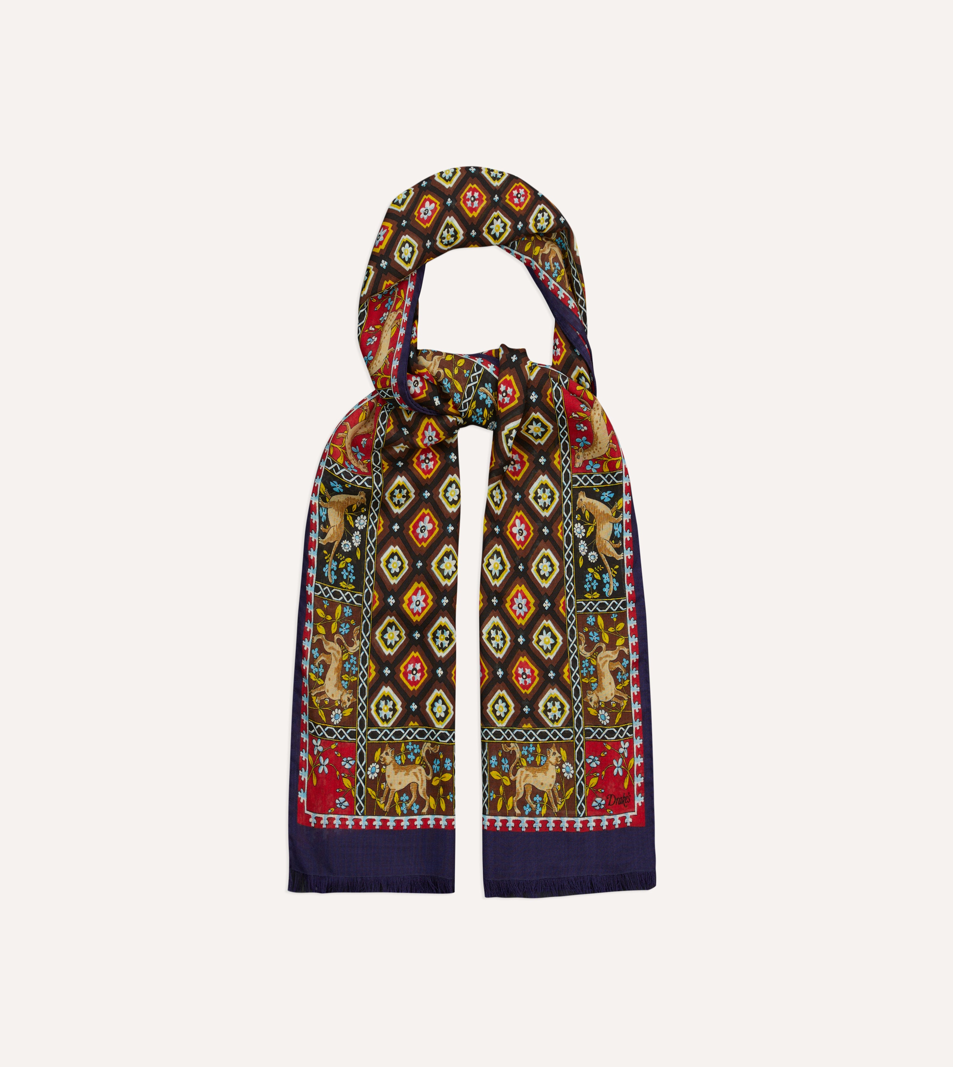 Navy and Brown Animal Border Medallion Print Wool-Silk Scarf