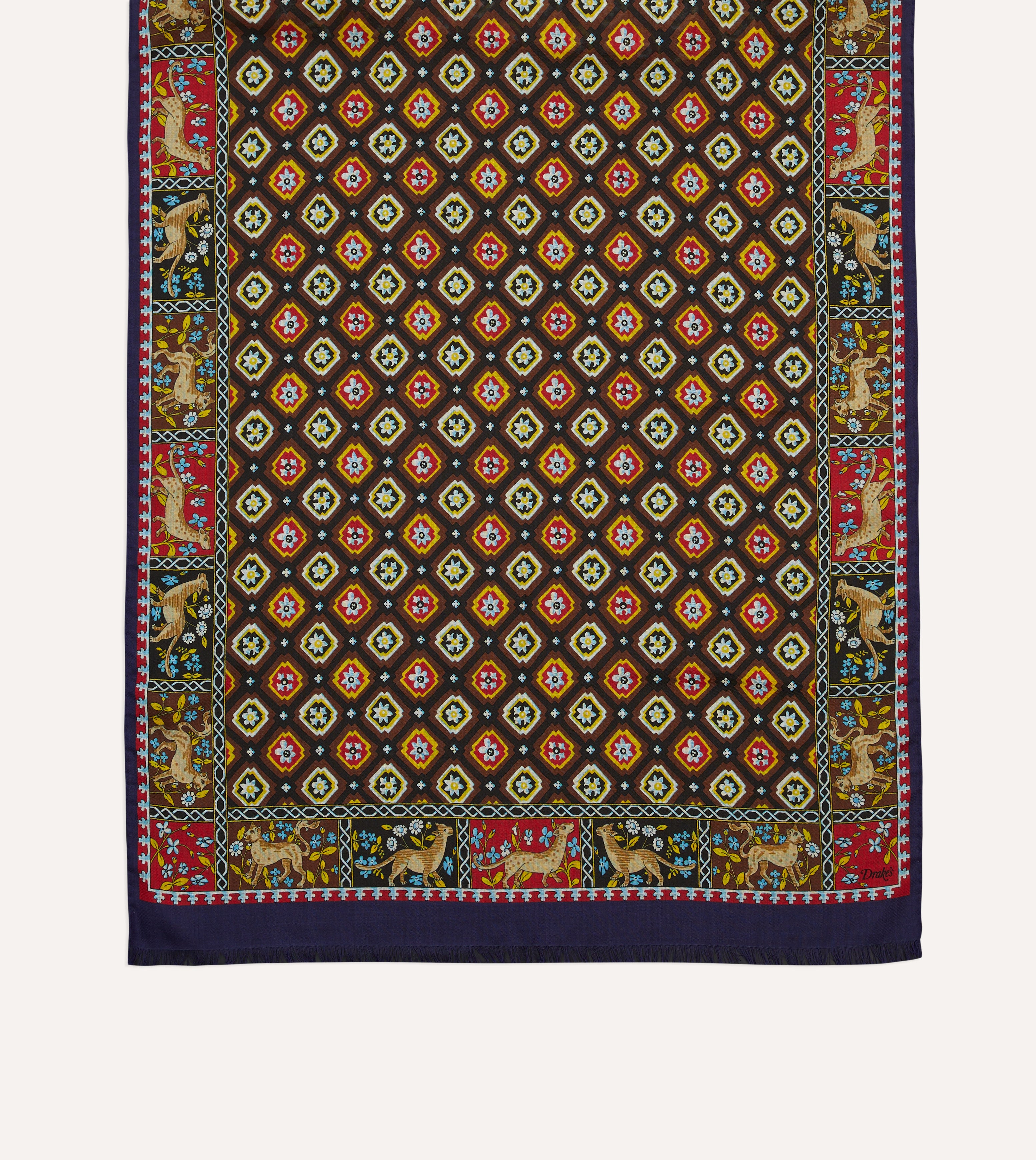 Navy and Brown Animal Border Medallion Print Wool-Silk Scarf