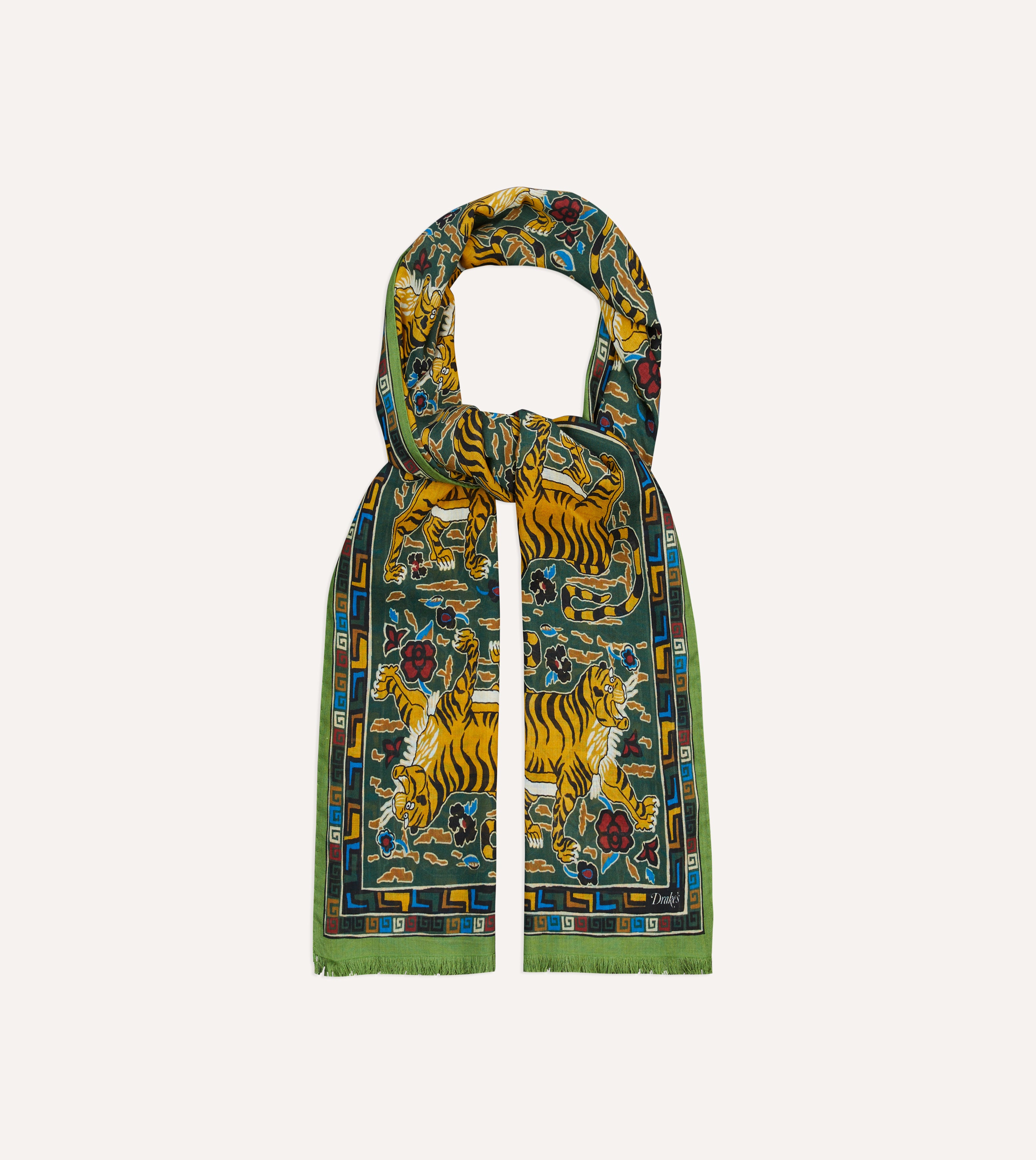 Green Tiger Print Wool-Silk Scarf