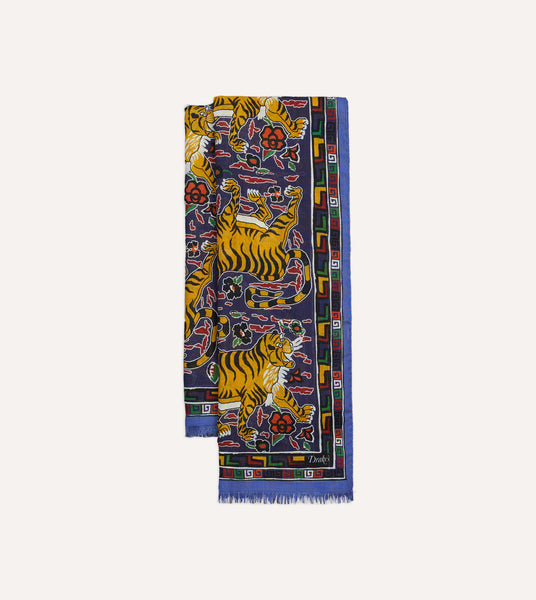 Blue Tiger Print Wool-Silk Scarf – Drakes US