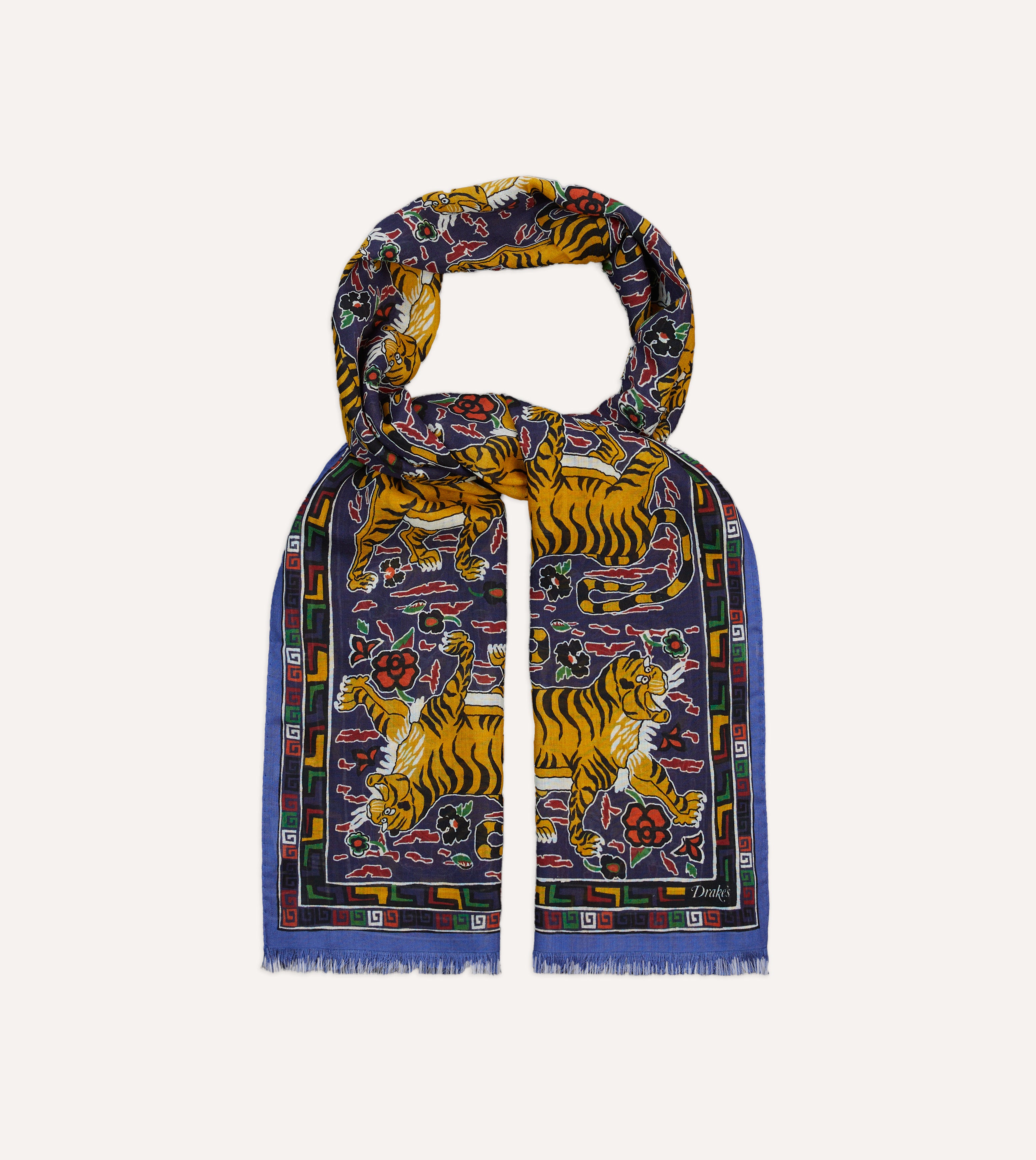 Drake's 動物柄 ネイビー スカーフ ウールシルク Navy Jumbo Tiger Print Wool-Silk Scarf – Drakes US