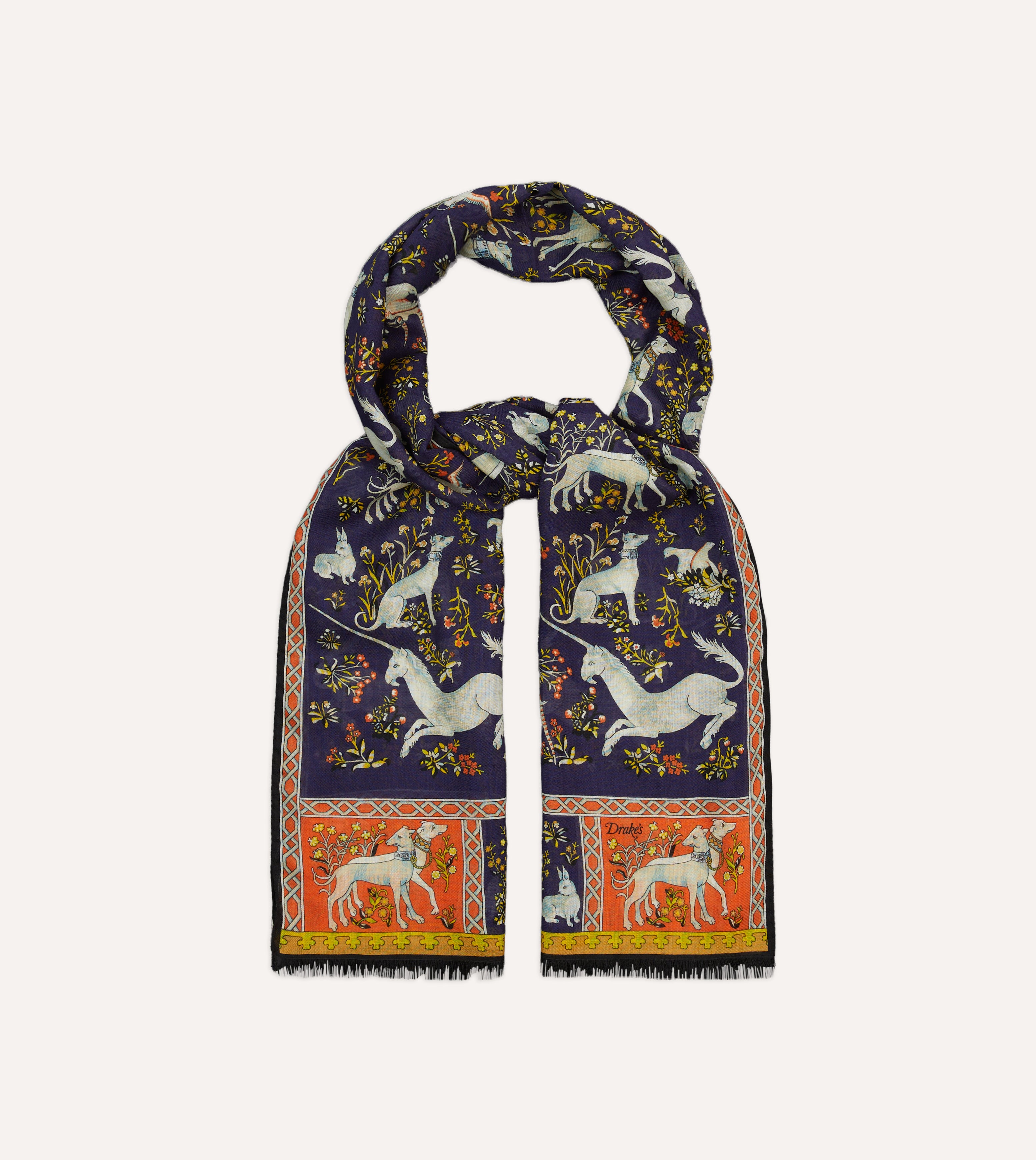 Navy Unicorn Tile Print Wool-Silk Scarf