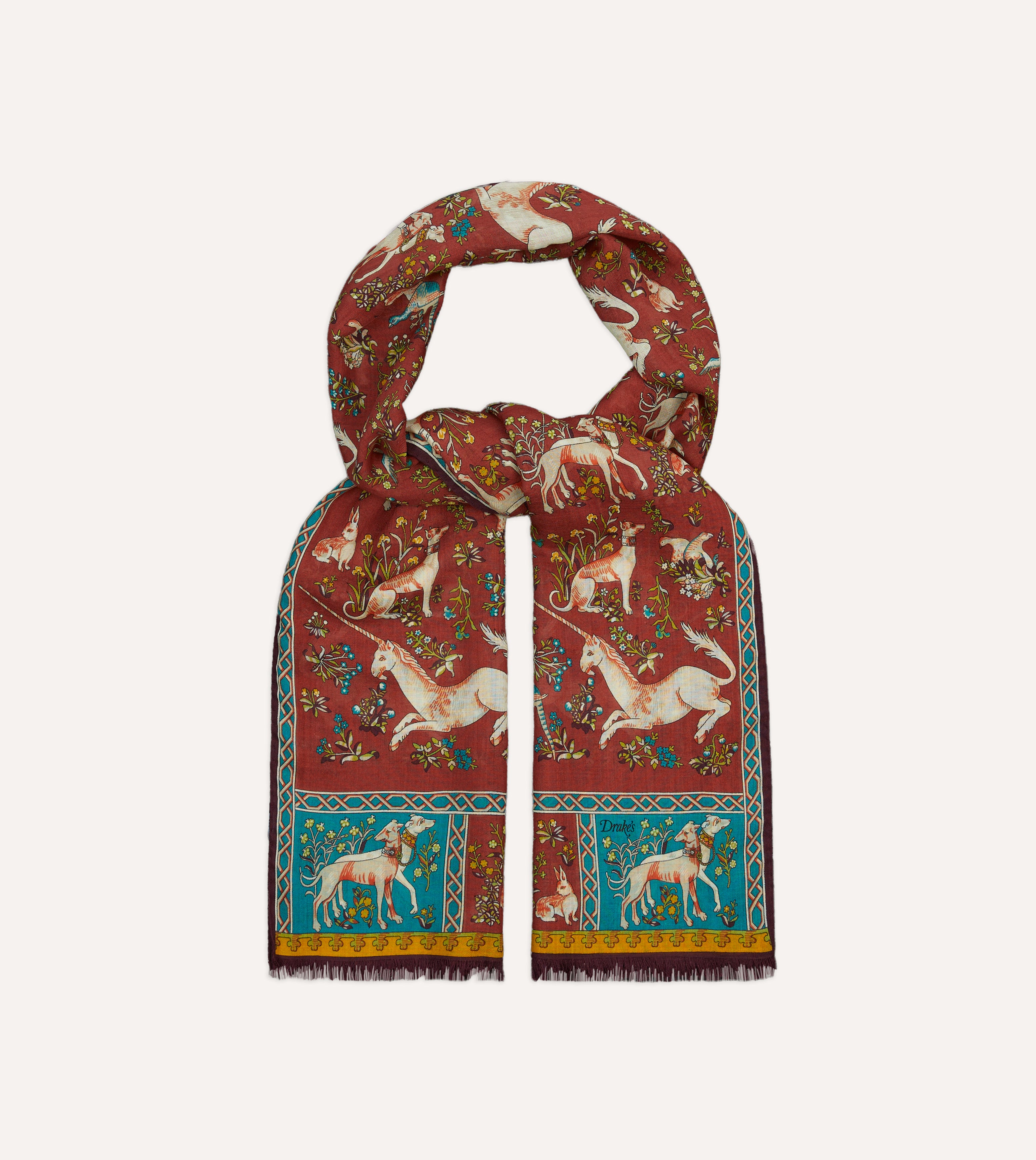 Red Unicorn Tile Print Wool-Silk Scarf