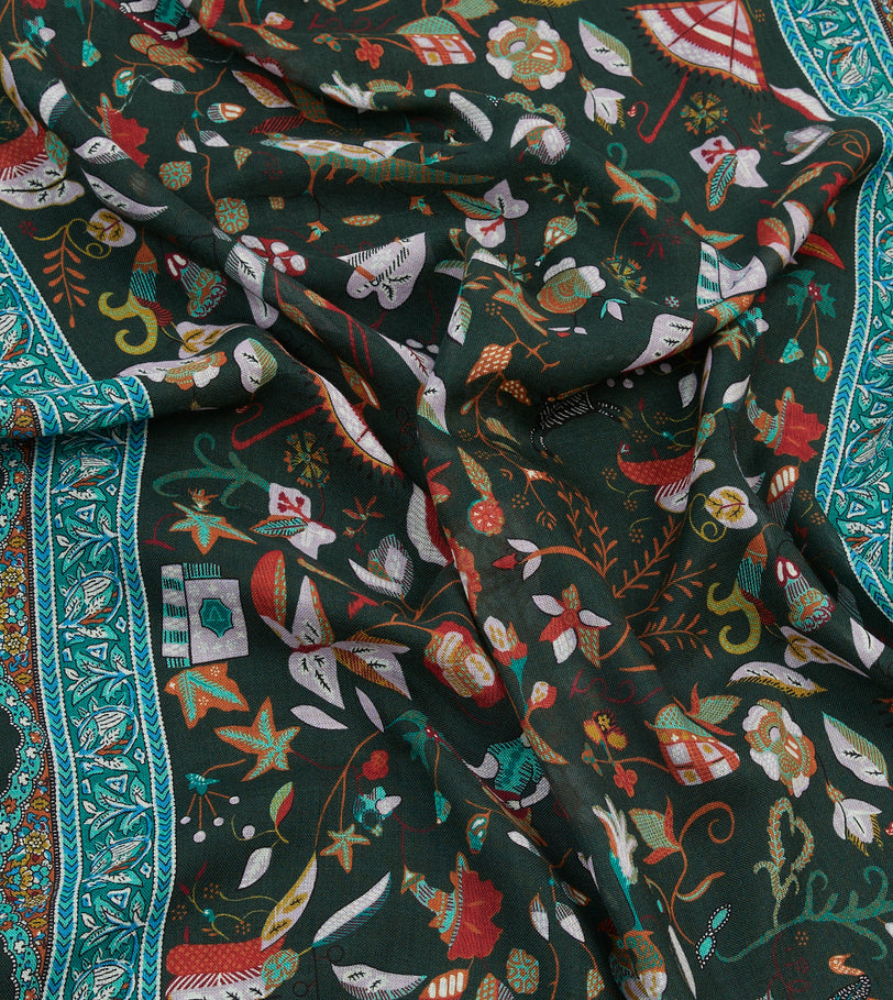 Green Classic Mughal Print Wool Silk Scarf