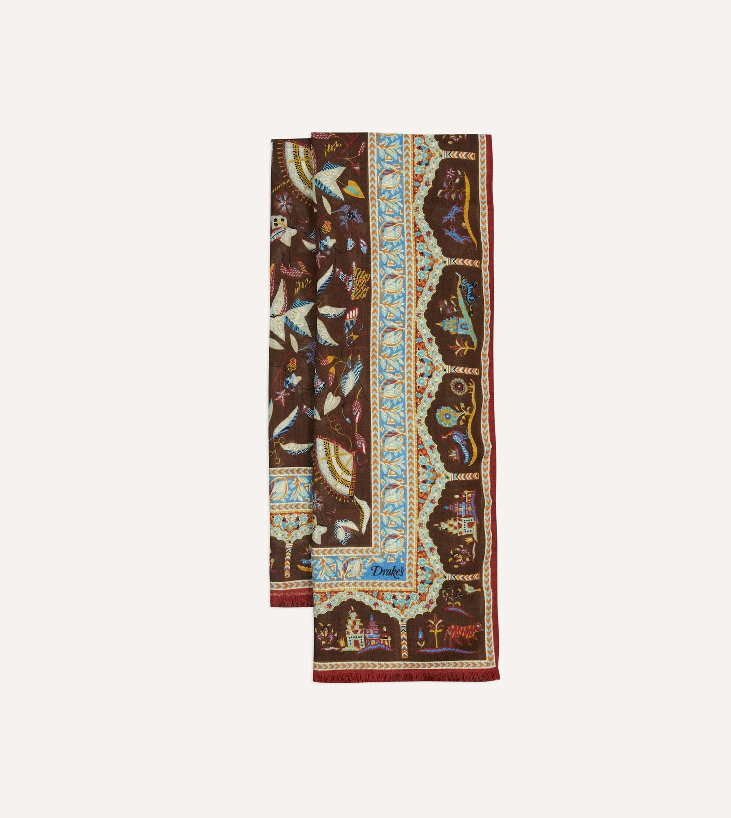 Brown Classic Mughal Print Wool Silk Scarf
