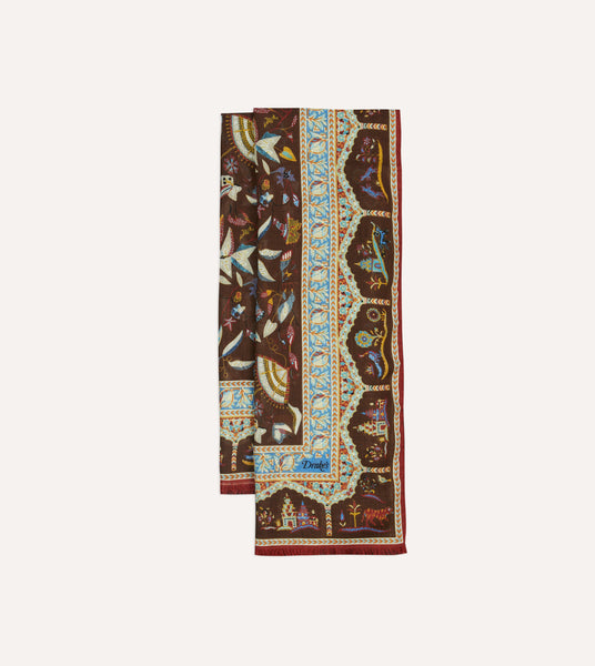 Brown Classic Mughal Print Wool Silk Scarf – Drakes US