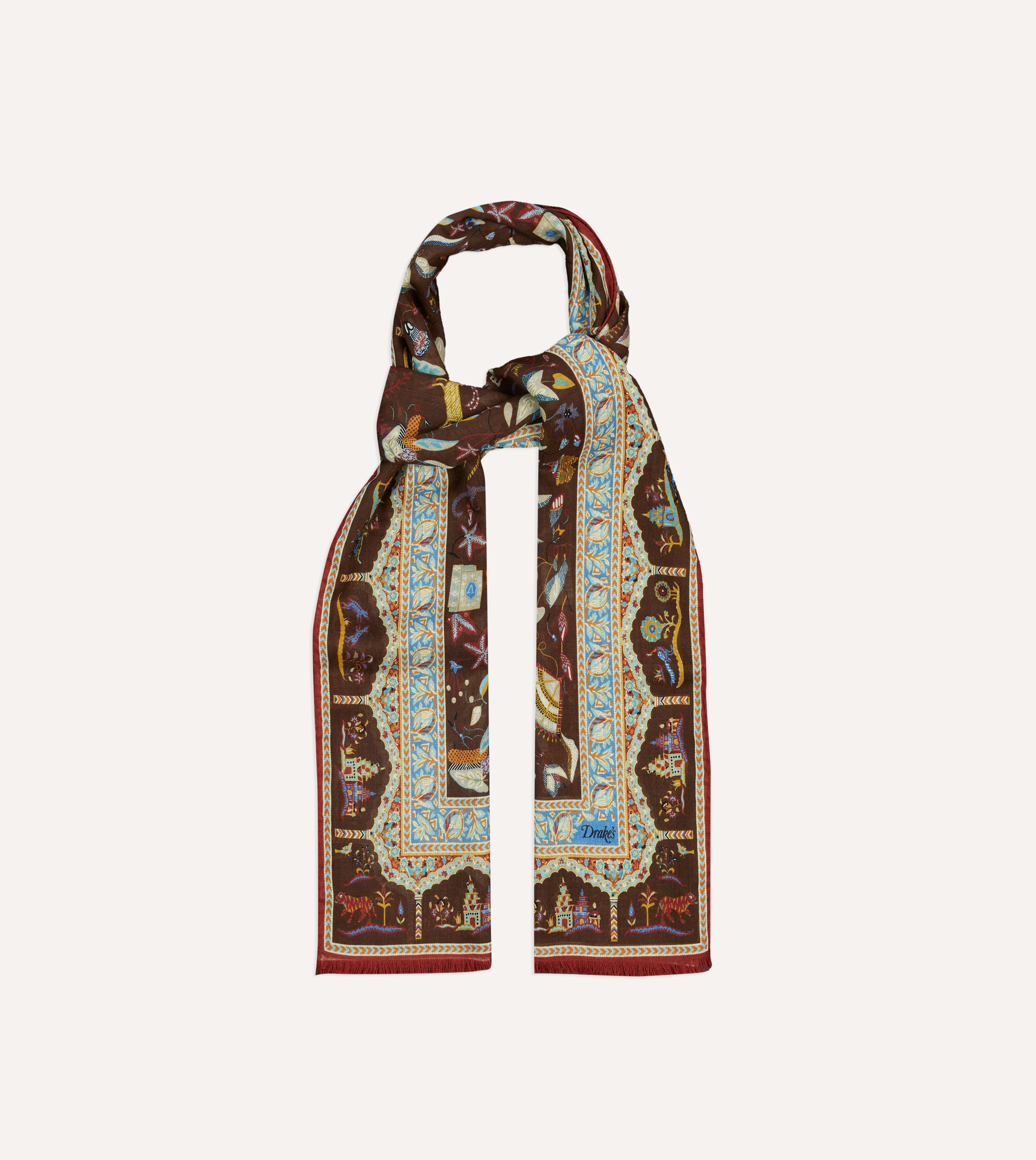 Brown Classic Mughal Print Wool Silk Scarf