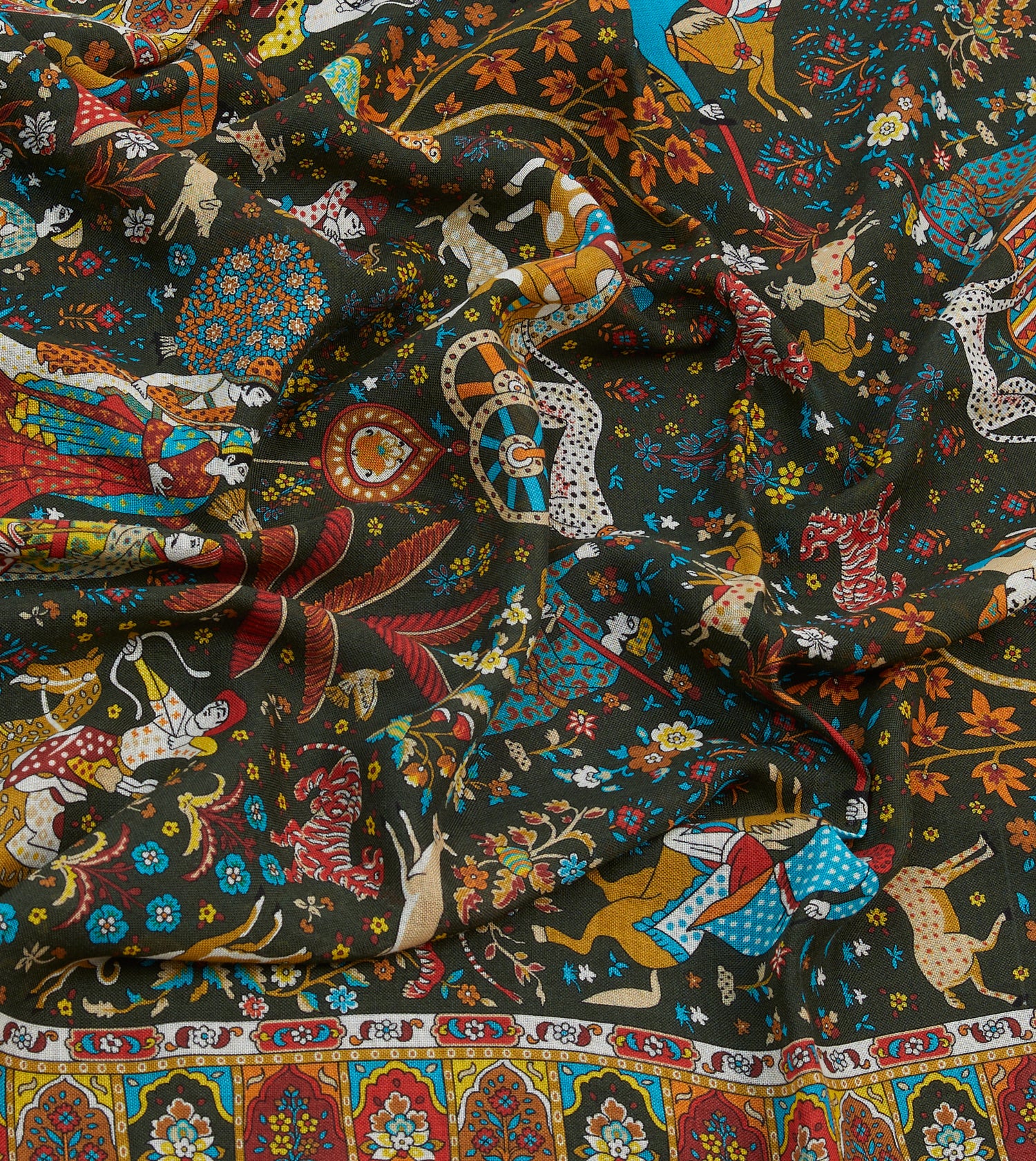 Green Mughal Garden Print Wool Silk Scarf