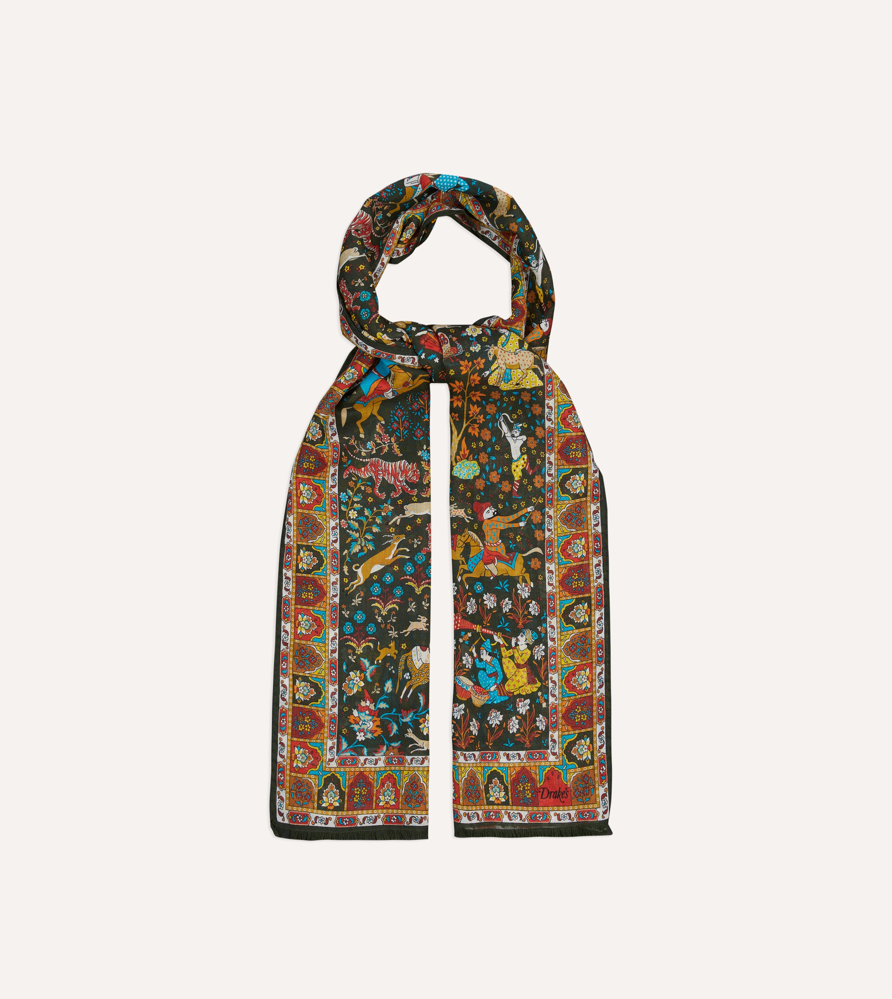 Green Mughal Garden Print Wool Silk Scarf