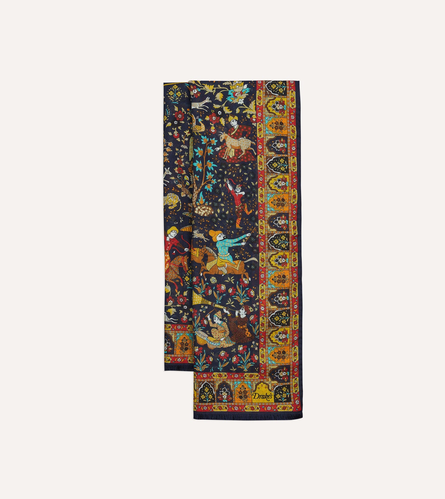 Navy Mughal Garden Print Wool Silk Scarf