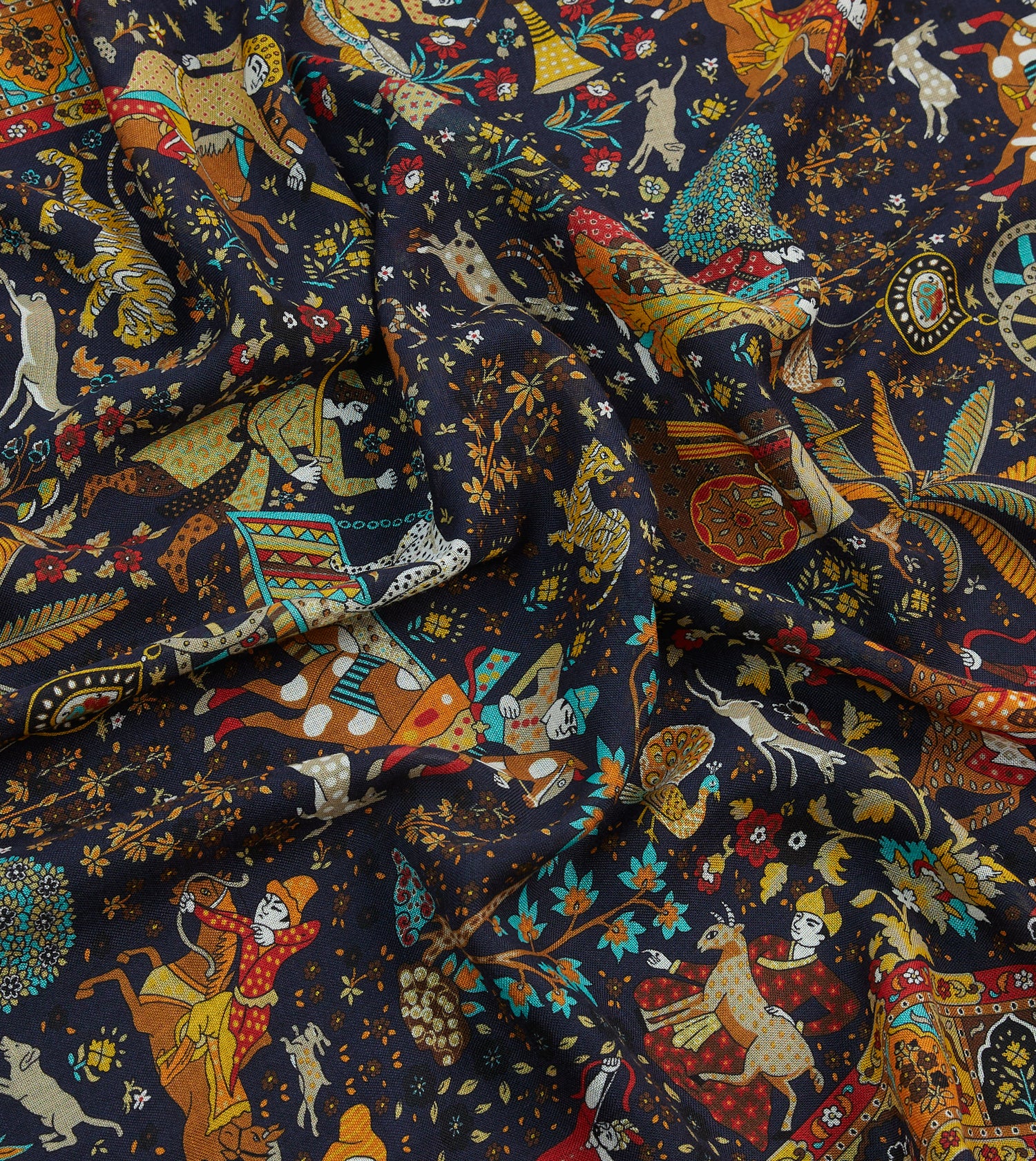 Navy Mughal Garden Print Wool Silk Scarf