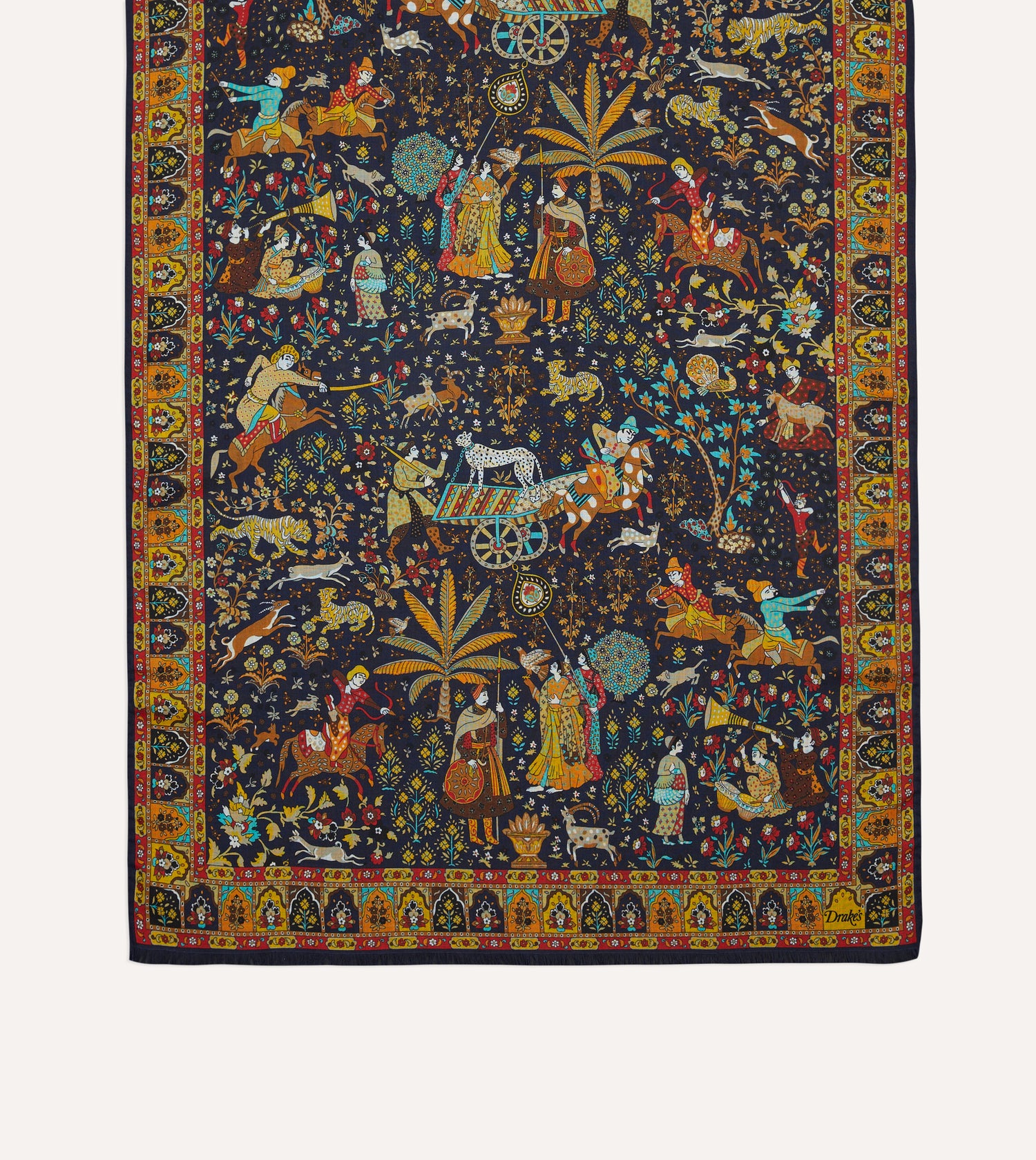Navy Mughal Garden Print Wool Silk Scarf