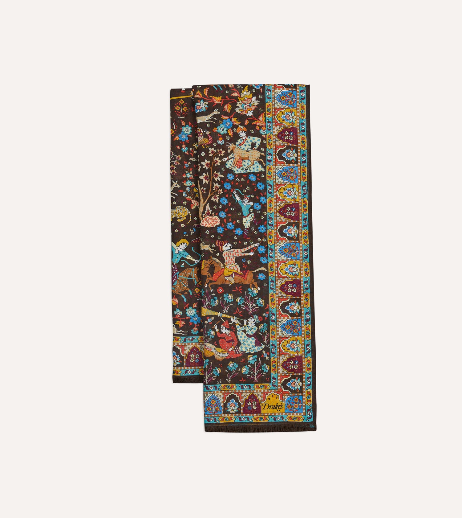 Brown Mughal Garden Print Wool Silk Scarf