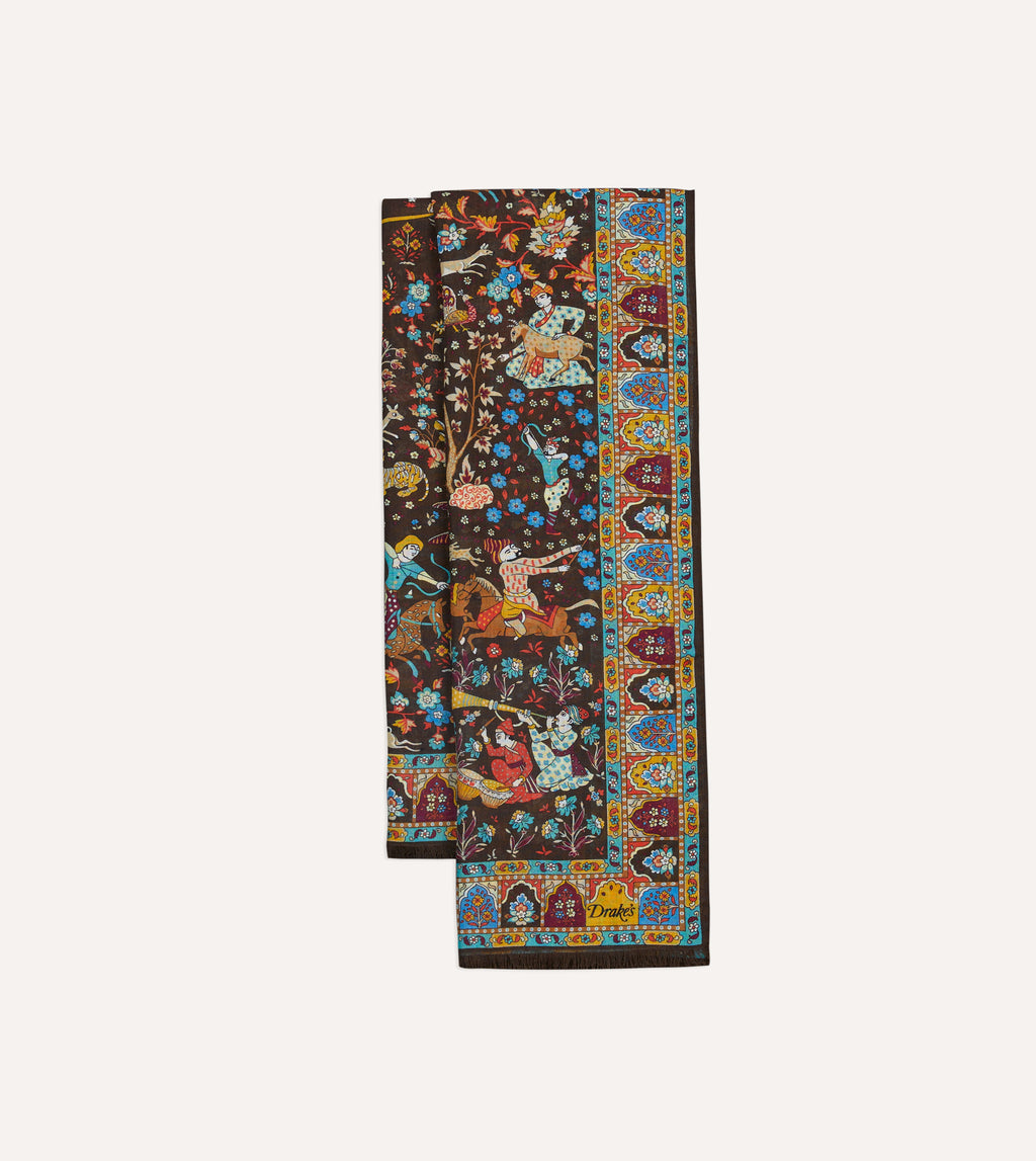 Brown Mughal Garden Print Wool Silk Scarf – Drakes US
