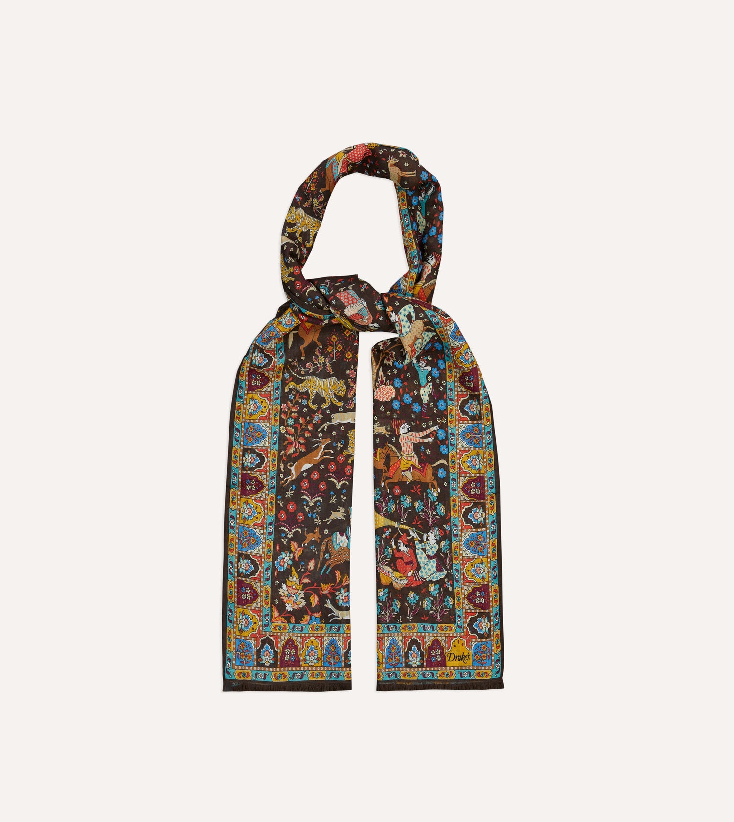 Brown Mughal Garden Print Wool Silk Scarf