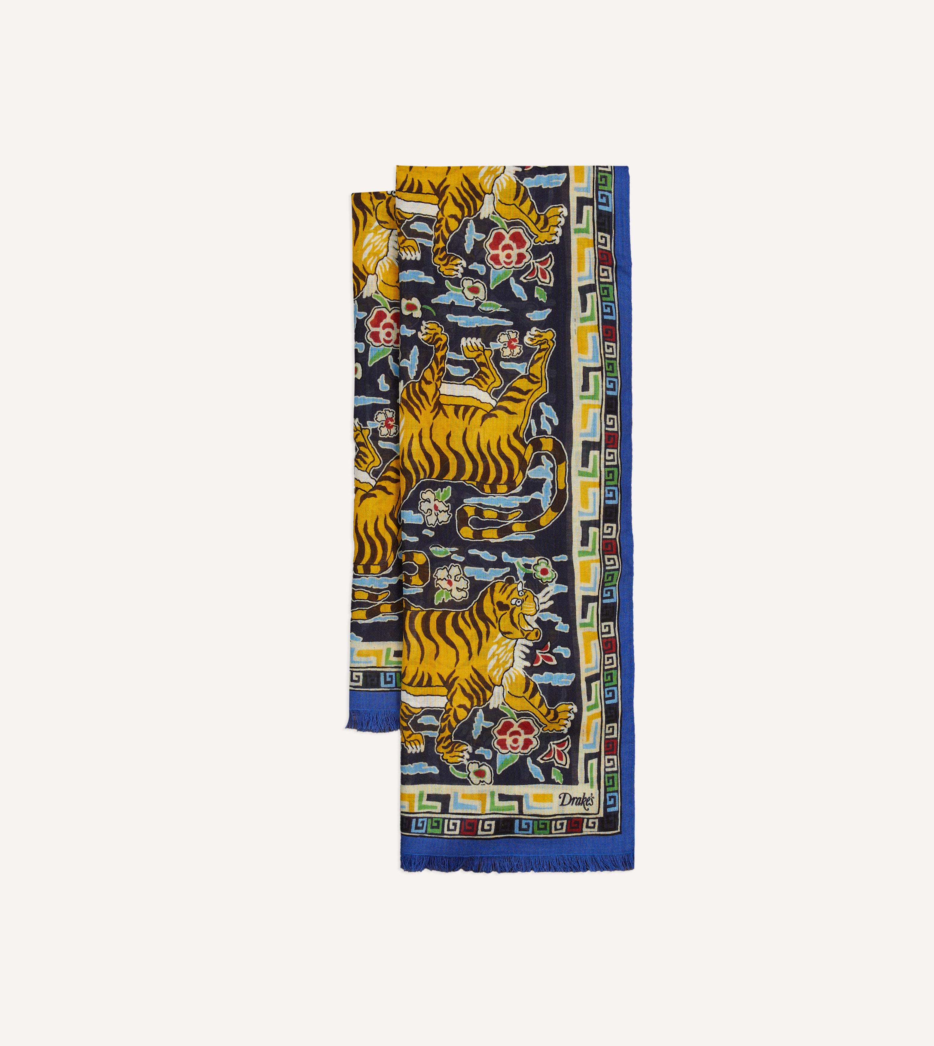 Drake's 動物柄 ネイビー スカーフ ウールシルク Blue Jumbo Tiger Print Wool-Silk Scarf – Drakes US