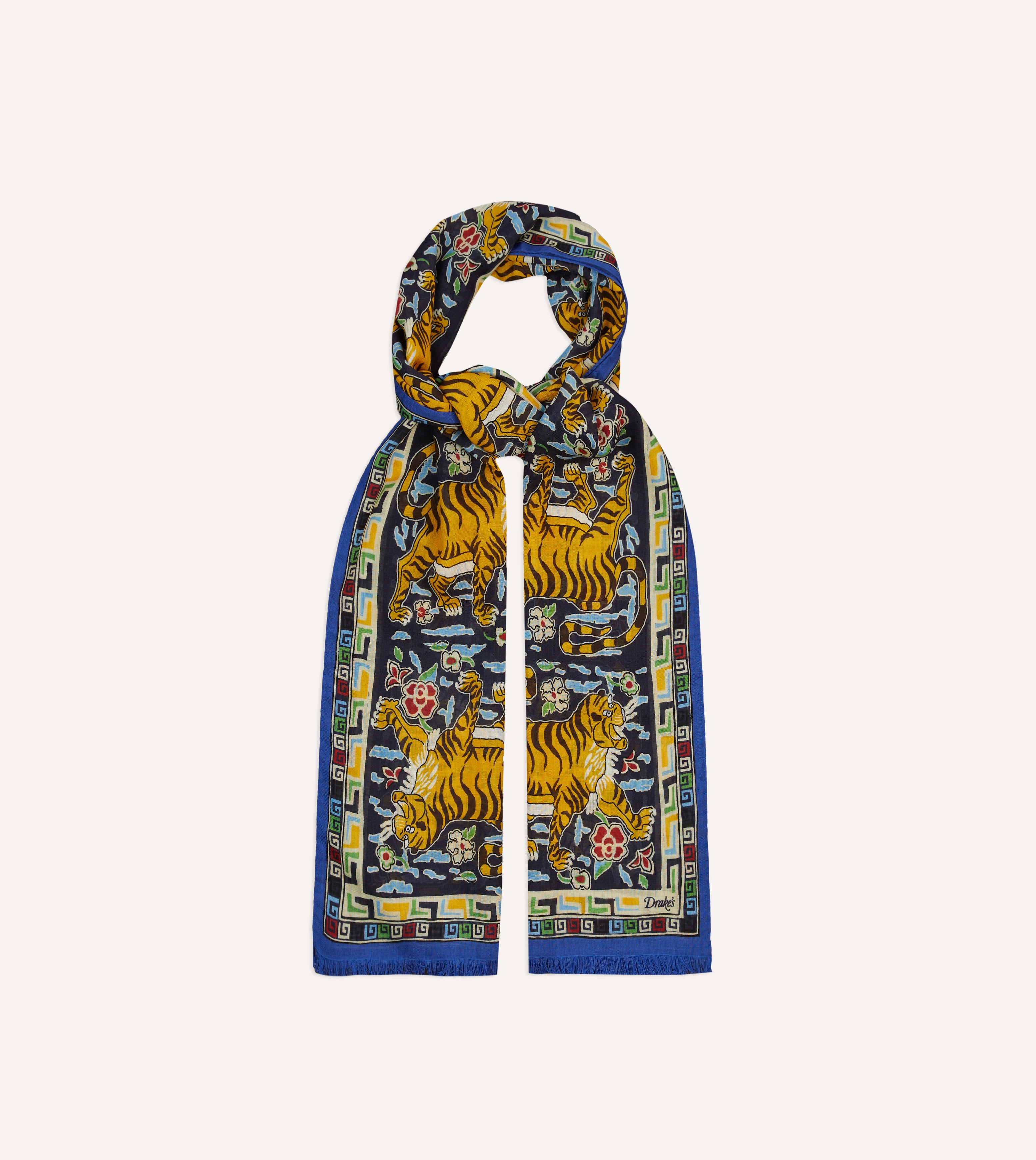 Blue Jumbo Tiger Print Wool-Silk Scarf – Drakes US