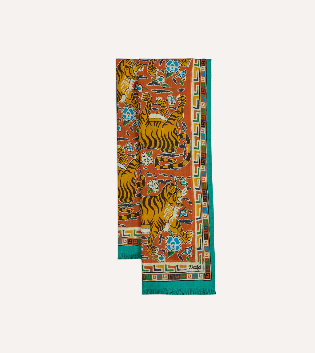 Orange Jumbo Tiger Print Wool-Silk Scarf – Drakes US