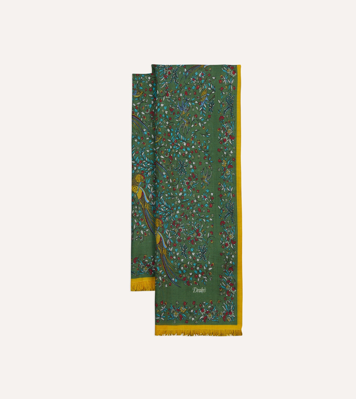 Green Birds of Paradise Print Tubular Wool Silk Scarf