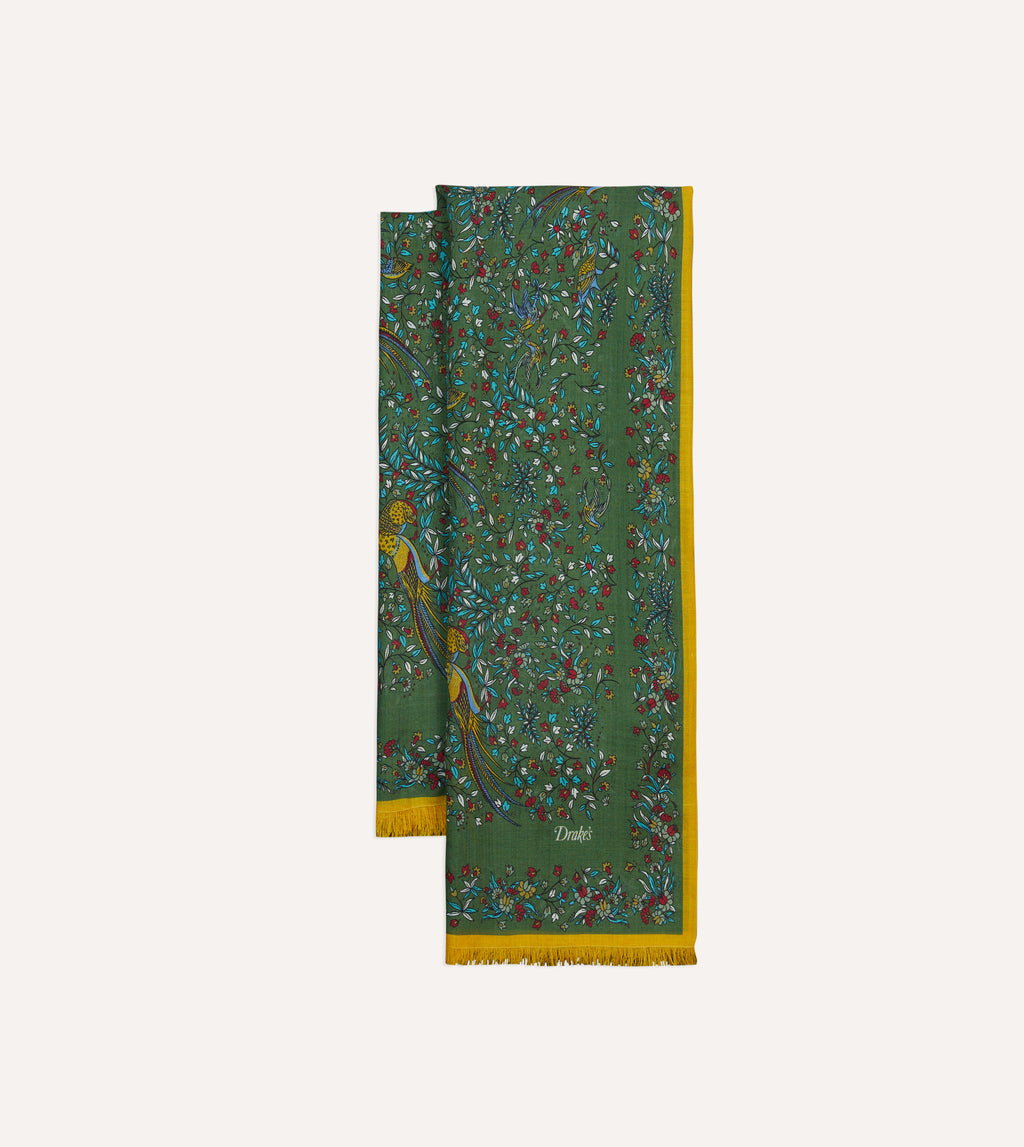 Green Birds of Paradise Print Tubular Wool Silk Scarf – Drakes US