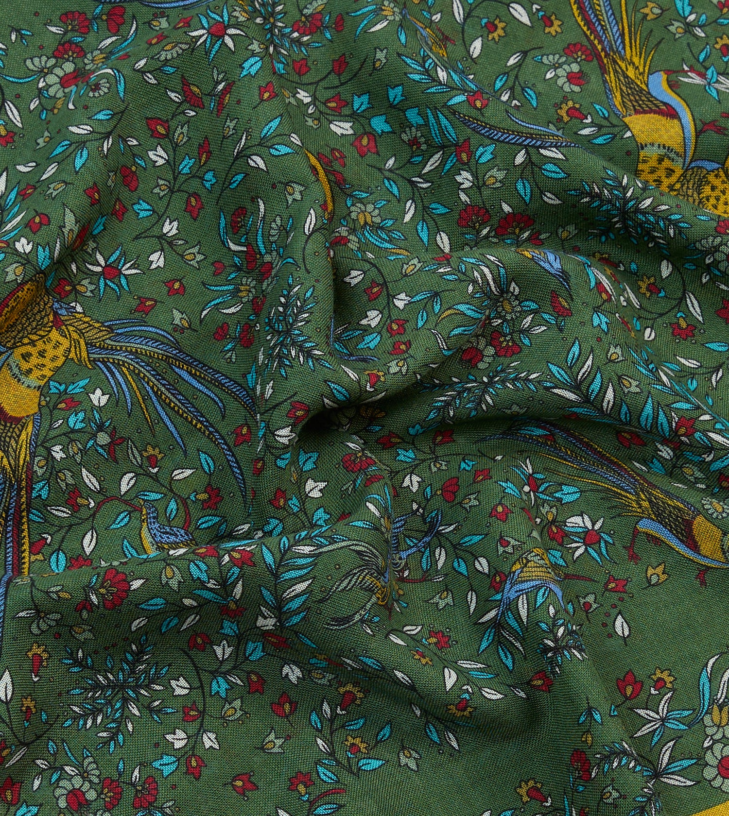Green Birds of Paradise Print Tubular Wool Silk Scarf