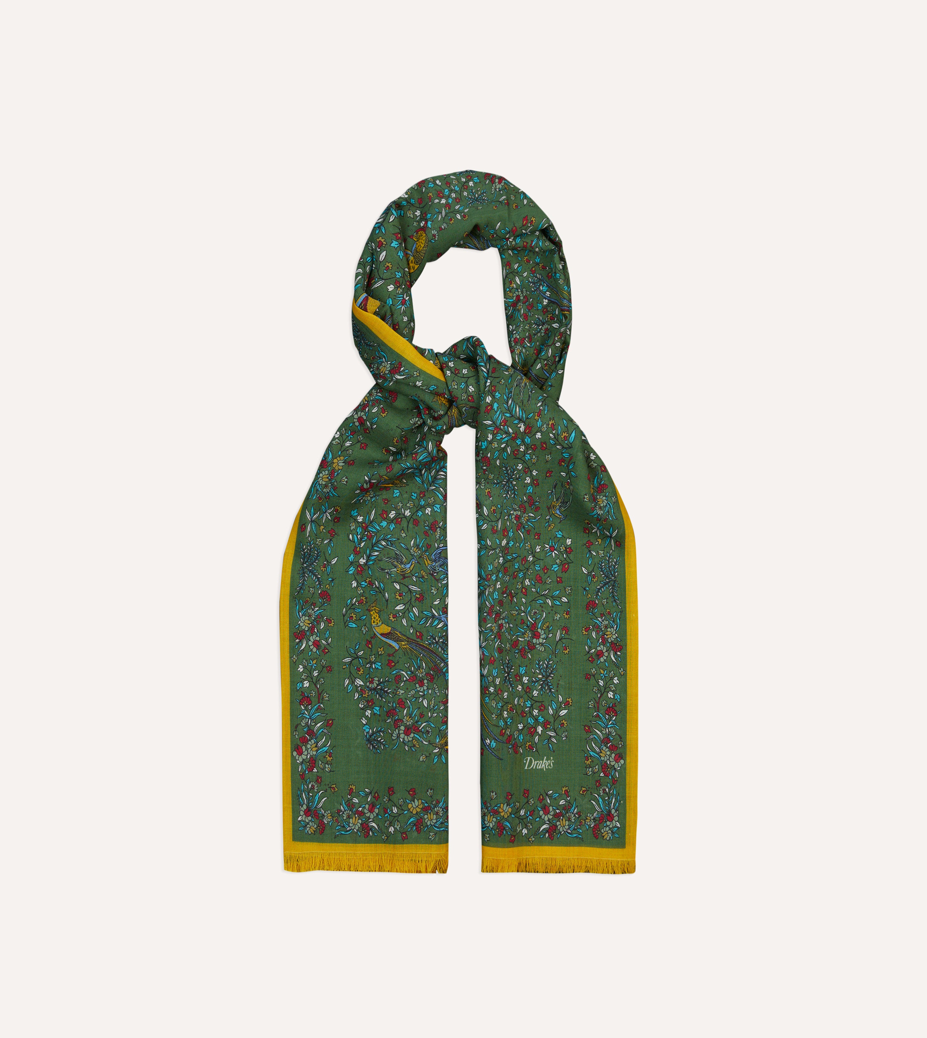 Green Birds of Paradise Print Tubular Wool Silk Scarf