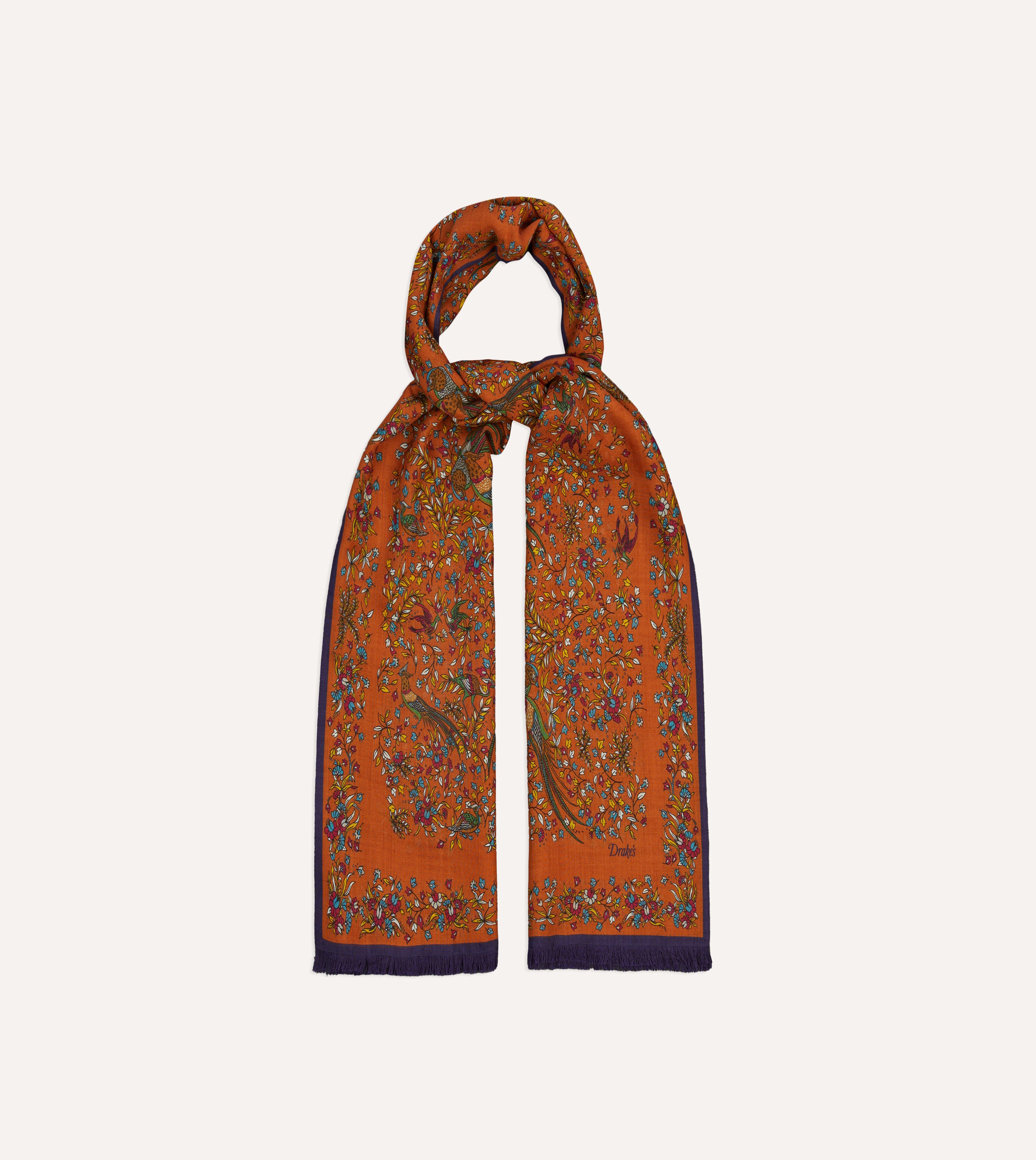 Orange Birds of Paradise Print Tubular Wool Silk Scarf
