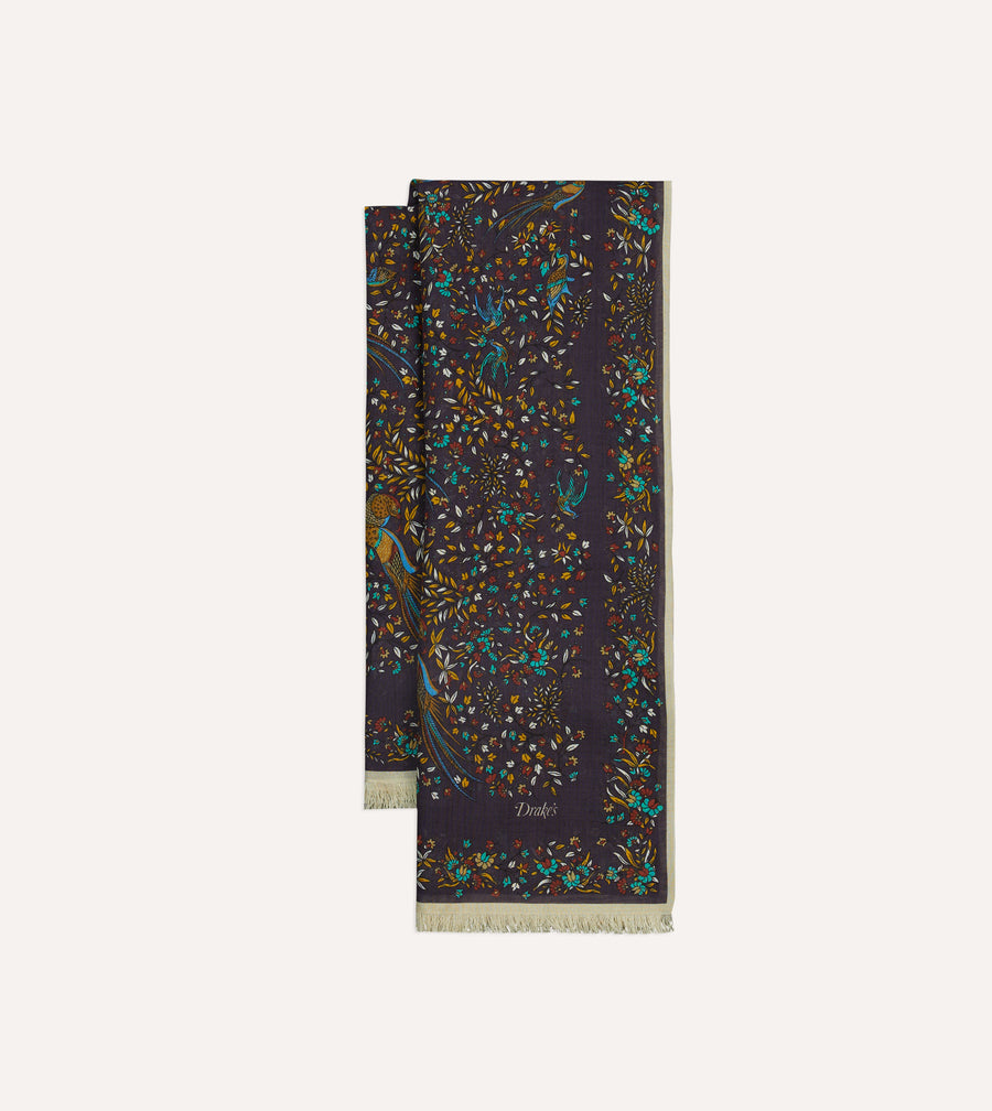 Purple Birds of Paradise Print Tubular Wool Silk Scarf