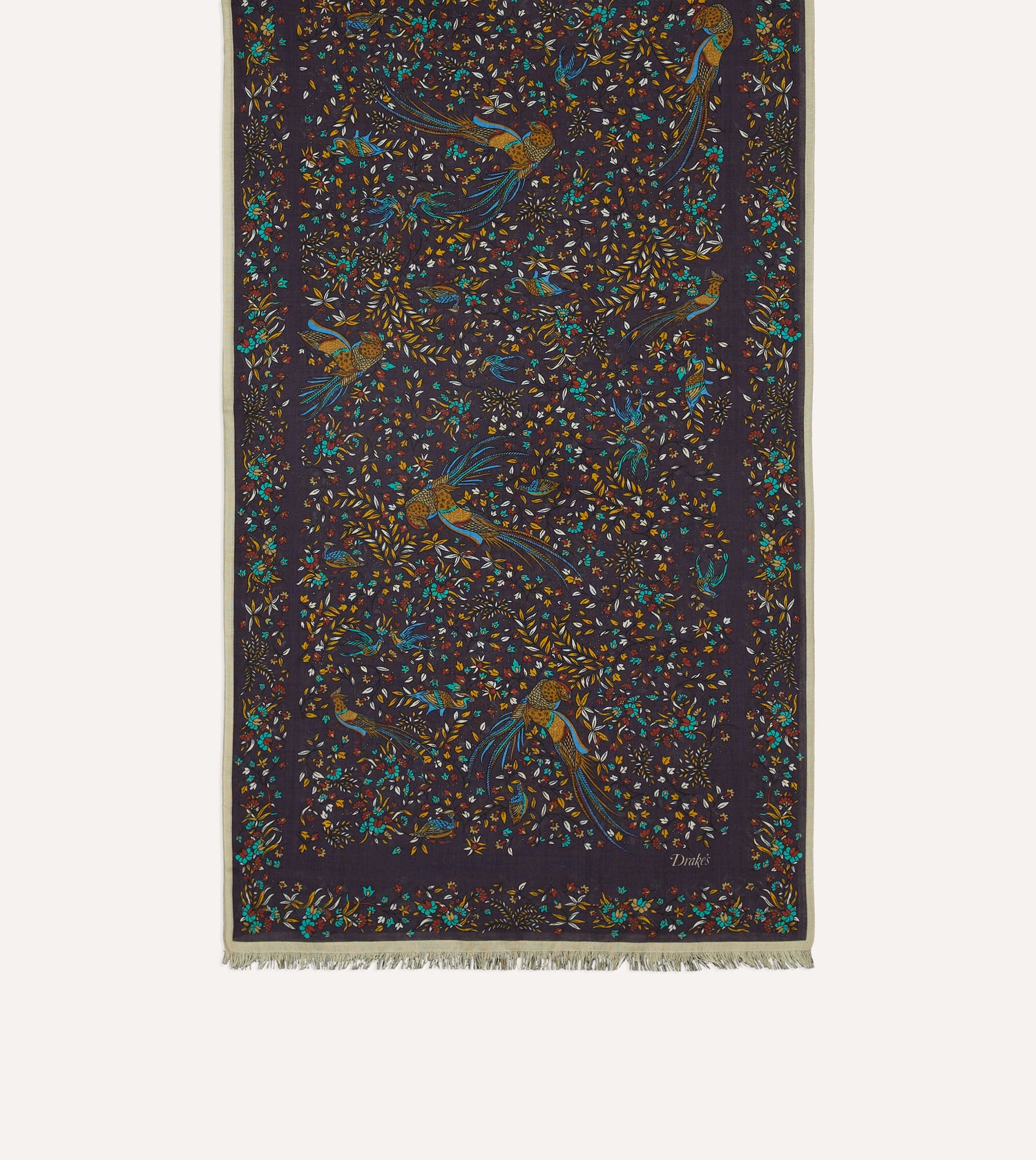 Purple Birds of Paradise Print Tubular Wool Silk Scarf