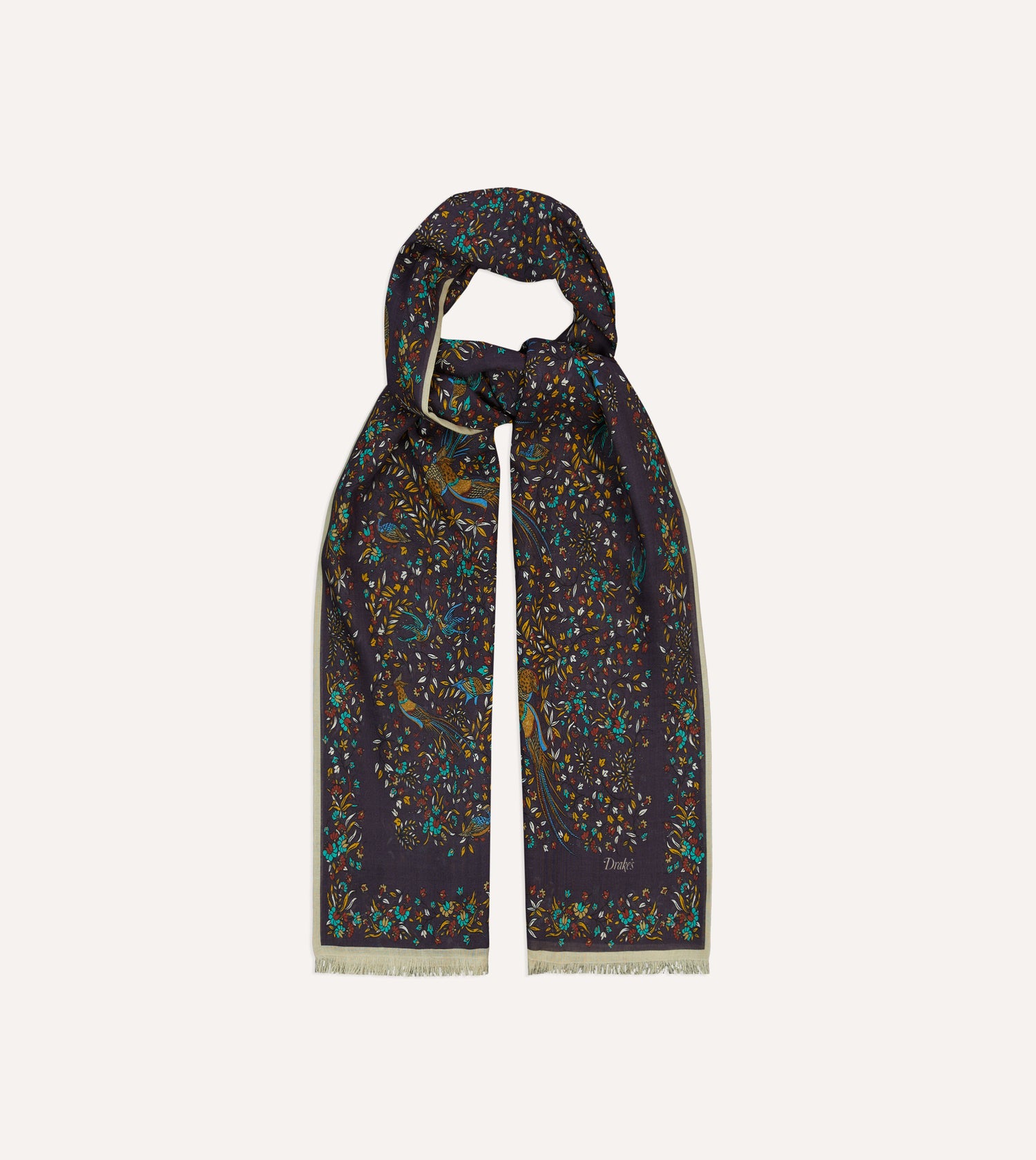 Purple Birds of Paradise Print Tubular Wool Silk Scarf