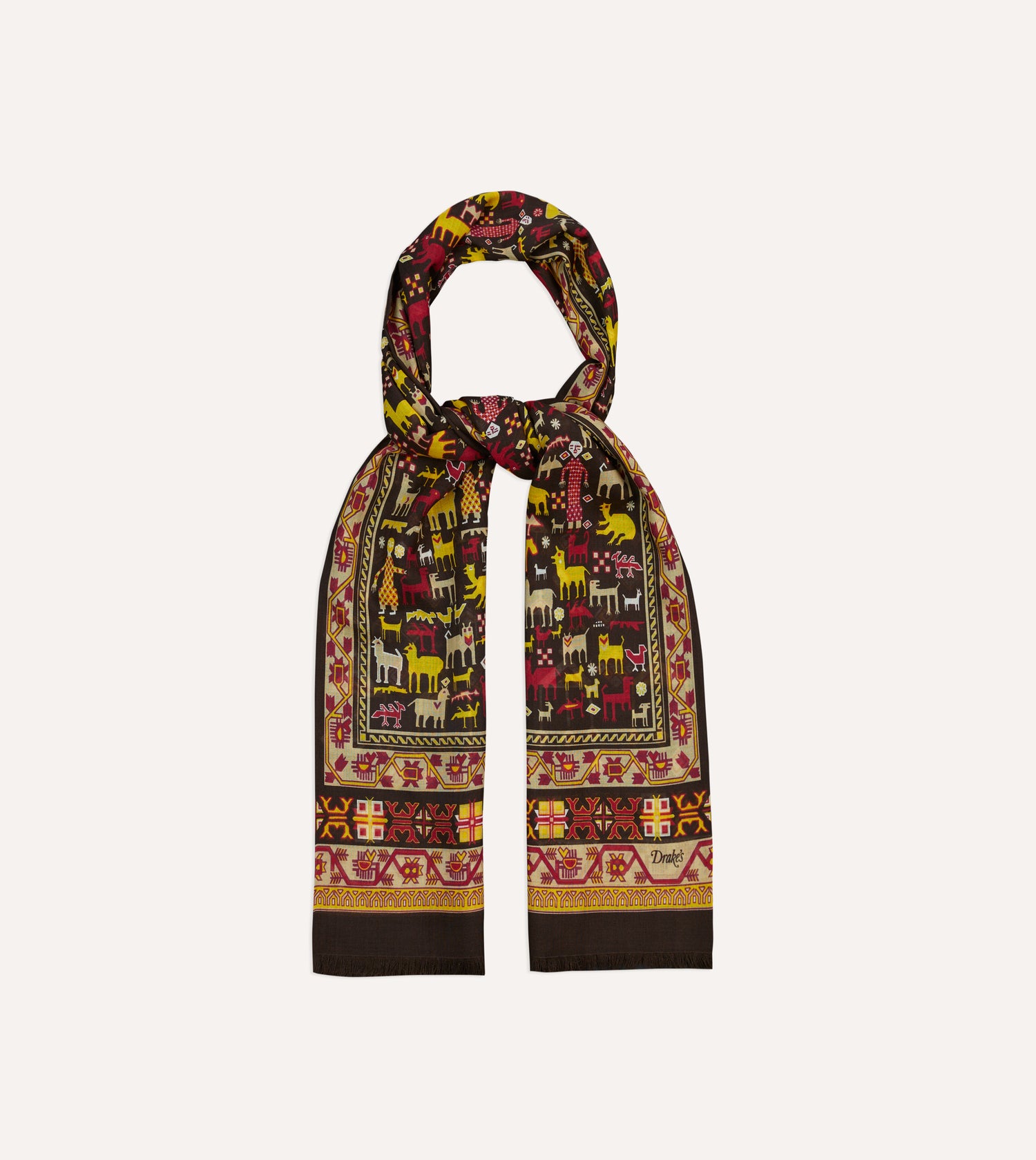 Brown Shaman Print Tubular Wool-Silk Scarf
