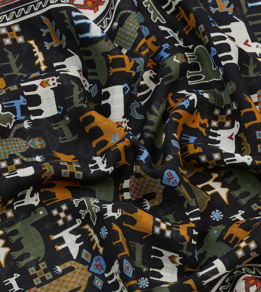 Black Shaman Print Tubular Wool-Silk Scarf