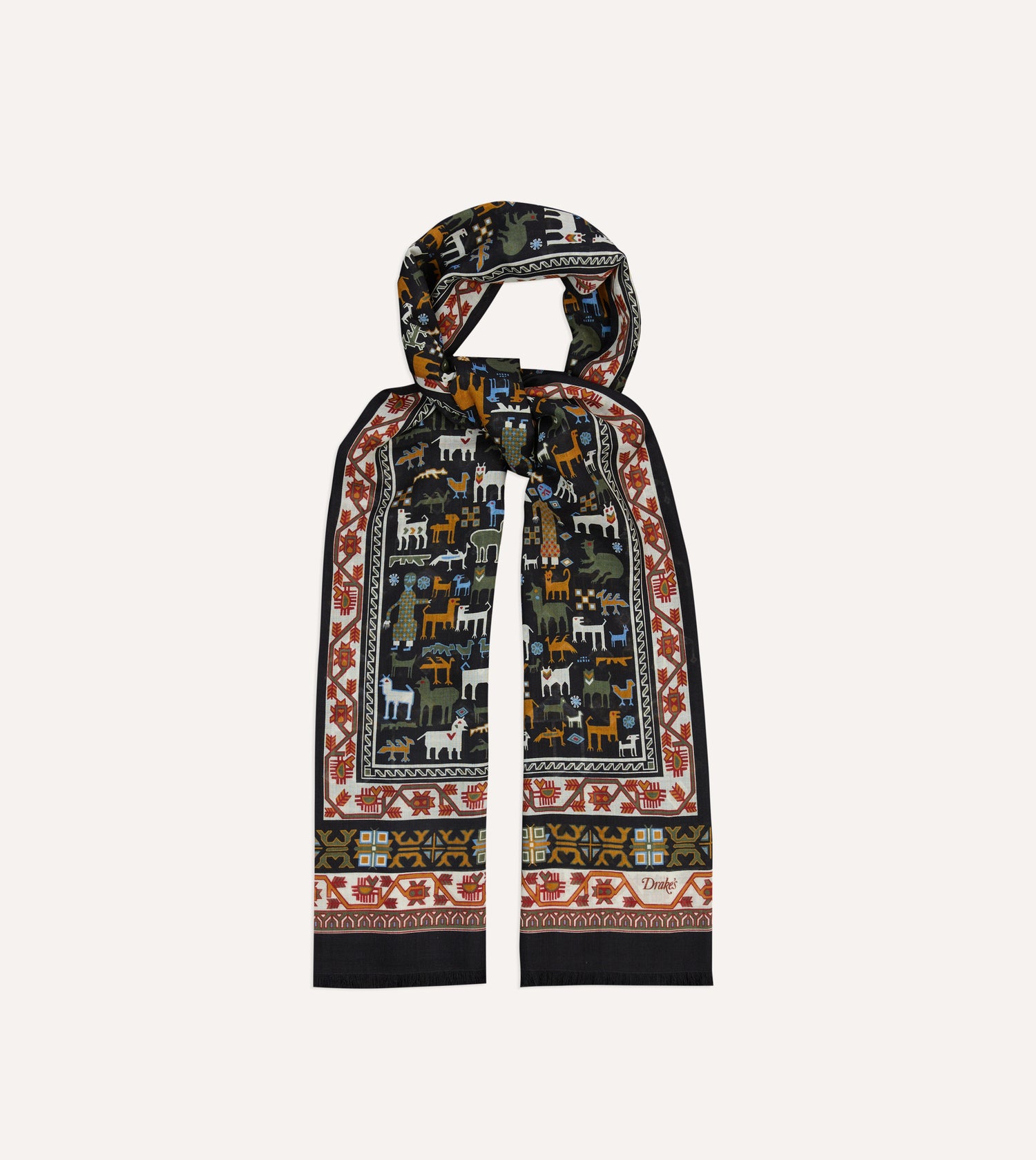 Black Shaman Print Tubular Wool-Silk Scarf