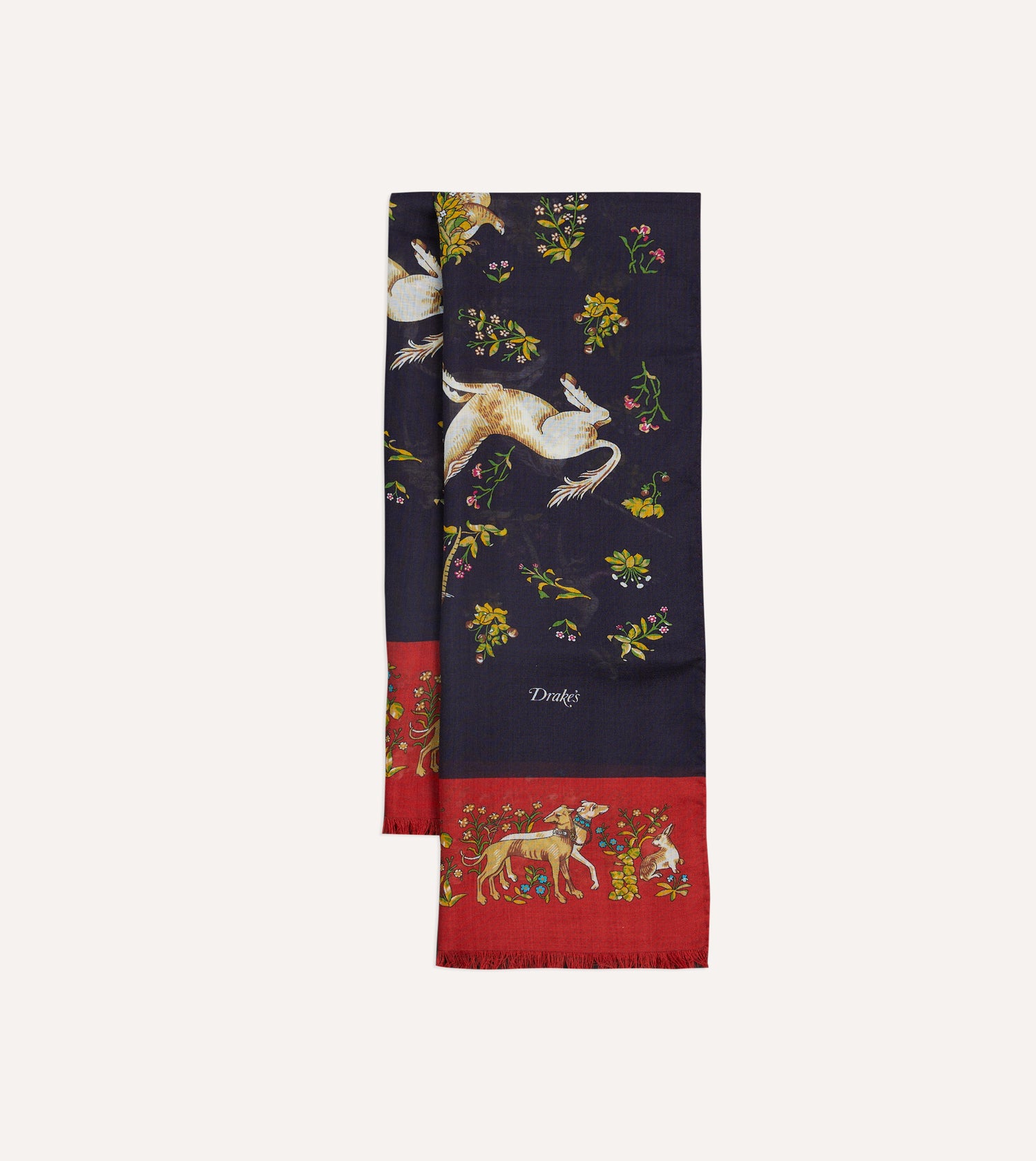 Navy and Red Unicorn Print Tubular Wool Silk Scarf