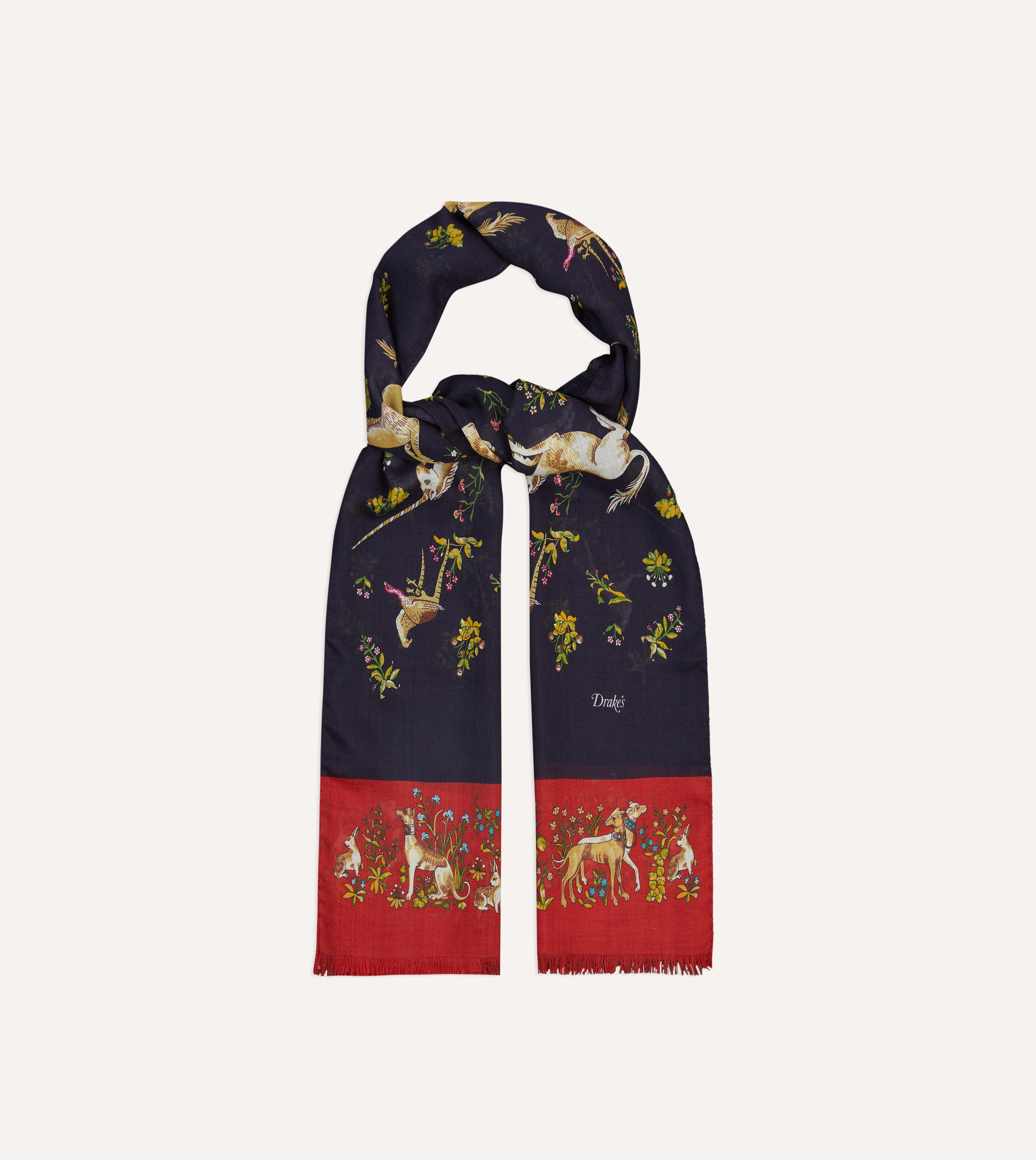 Navy and Red Unicorn Print Tubular Wool Silk Scarf