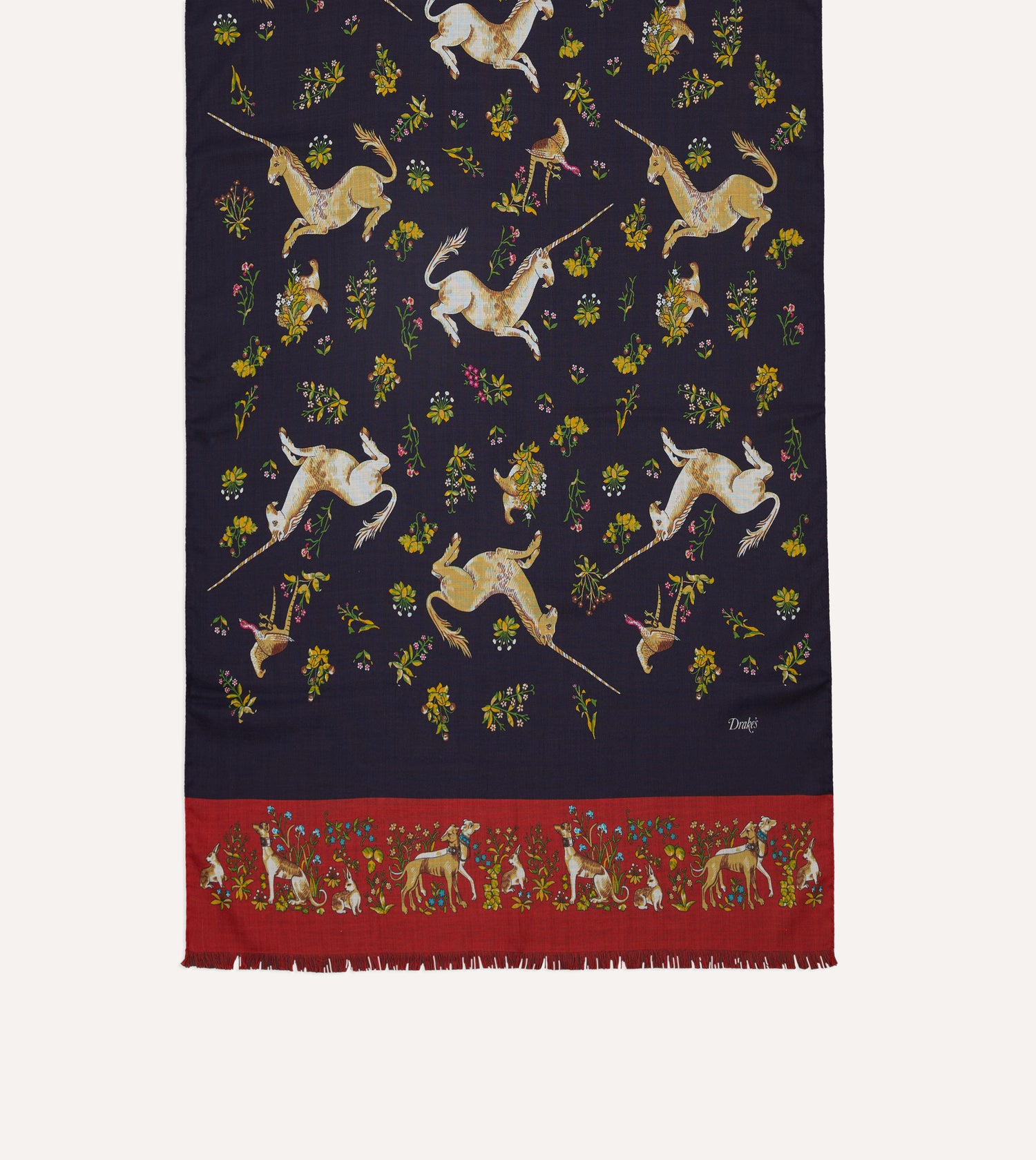 Navy and Red Unicorn Print Tubular Wool Silk Scarf