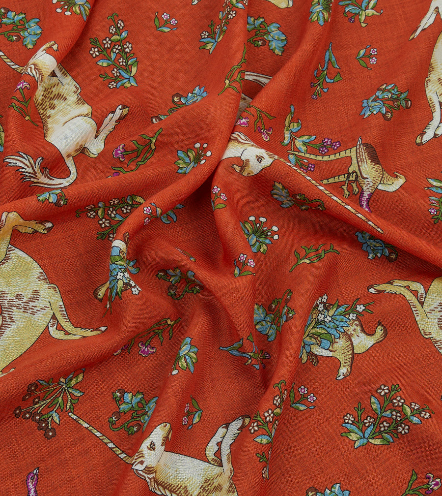 Orange and Green Unicorn Print Tubular Wool Silk Scarf