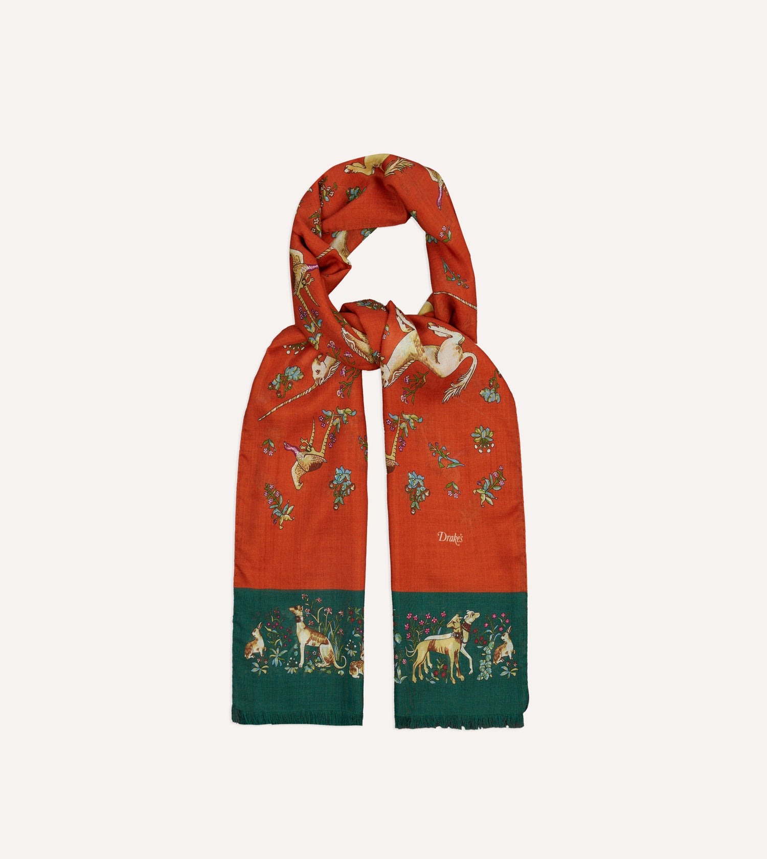 Orange and Green Unicorn Print Tubular Wool Silk Scarf