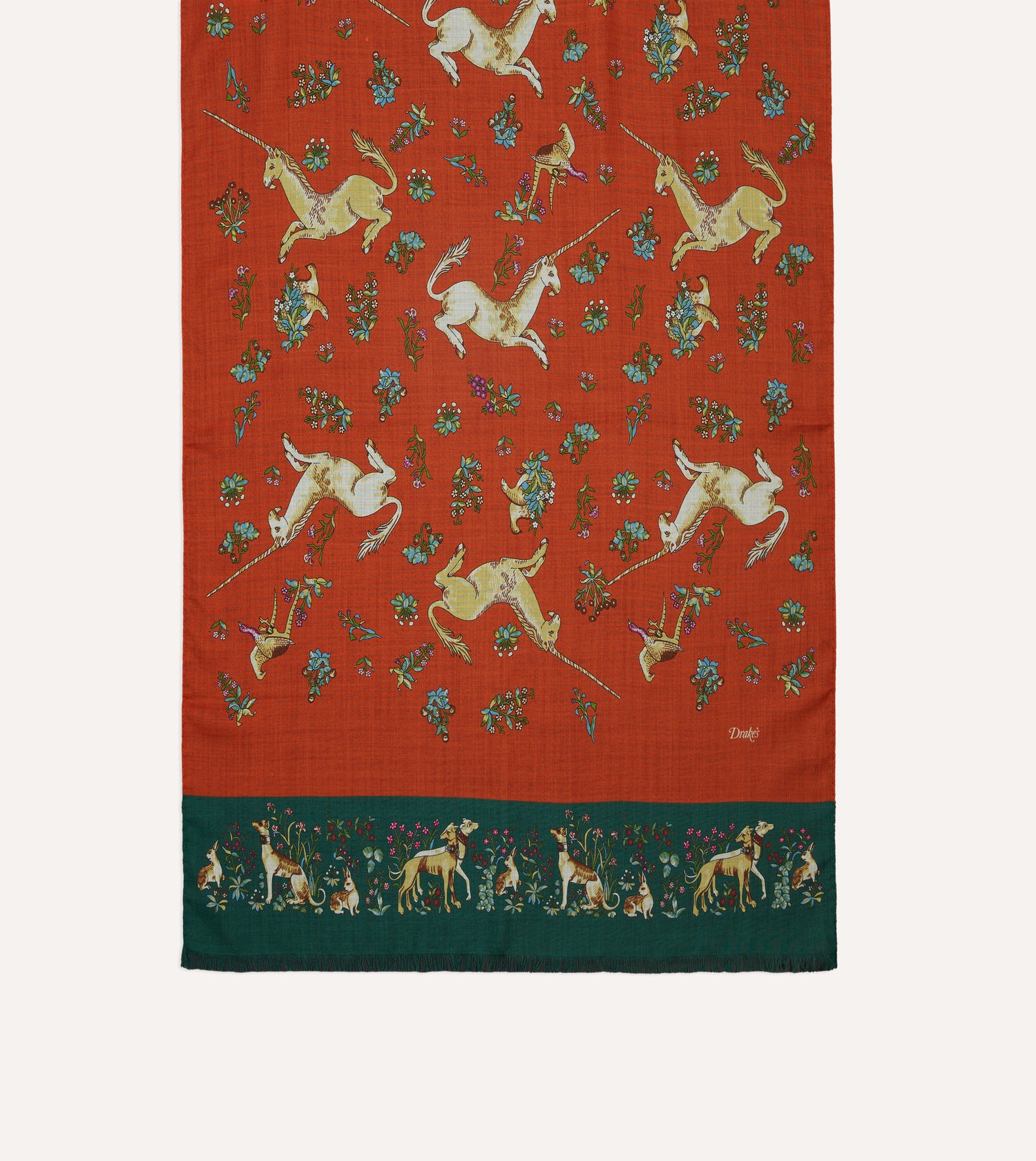 Orange and Green Unicorn Print Tubular Wool Silk Scarf