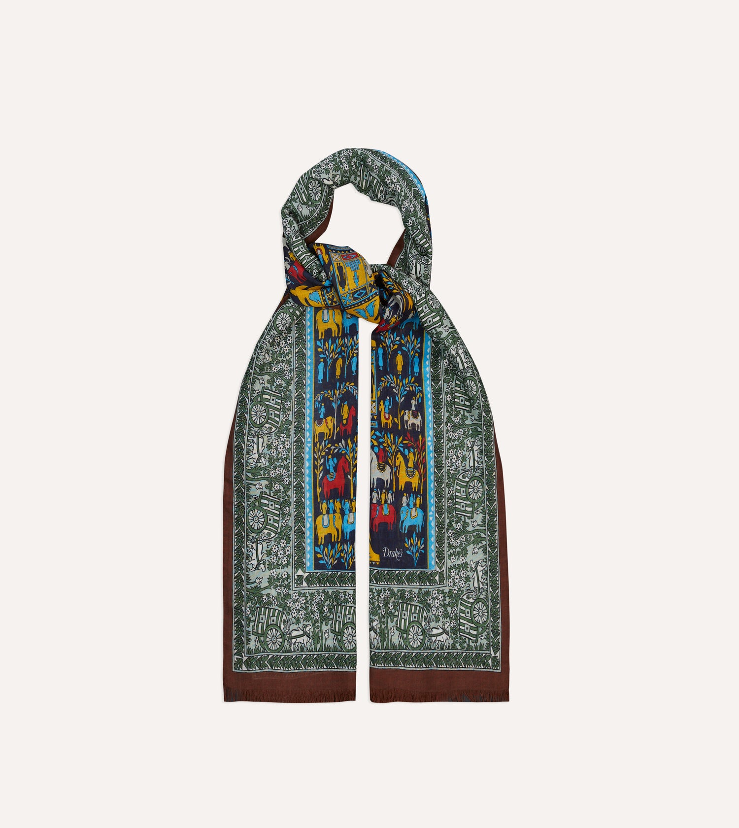 Navy Elephant Village Print Wool-Silk Scarf