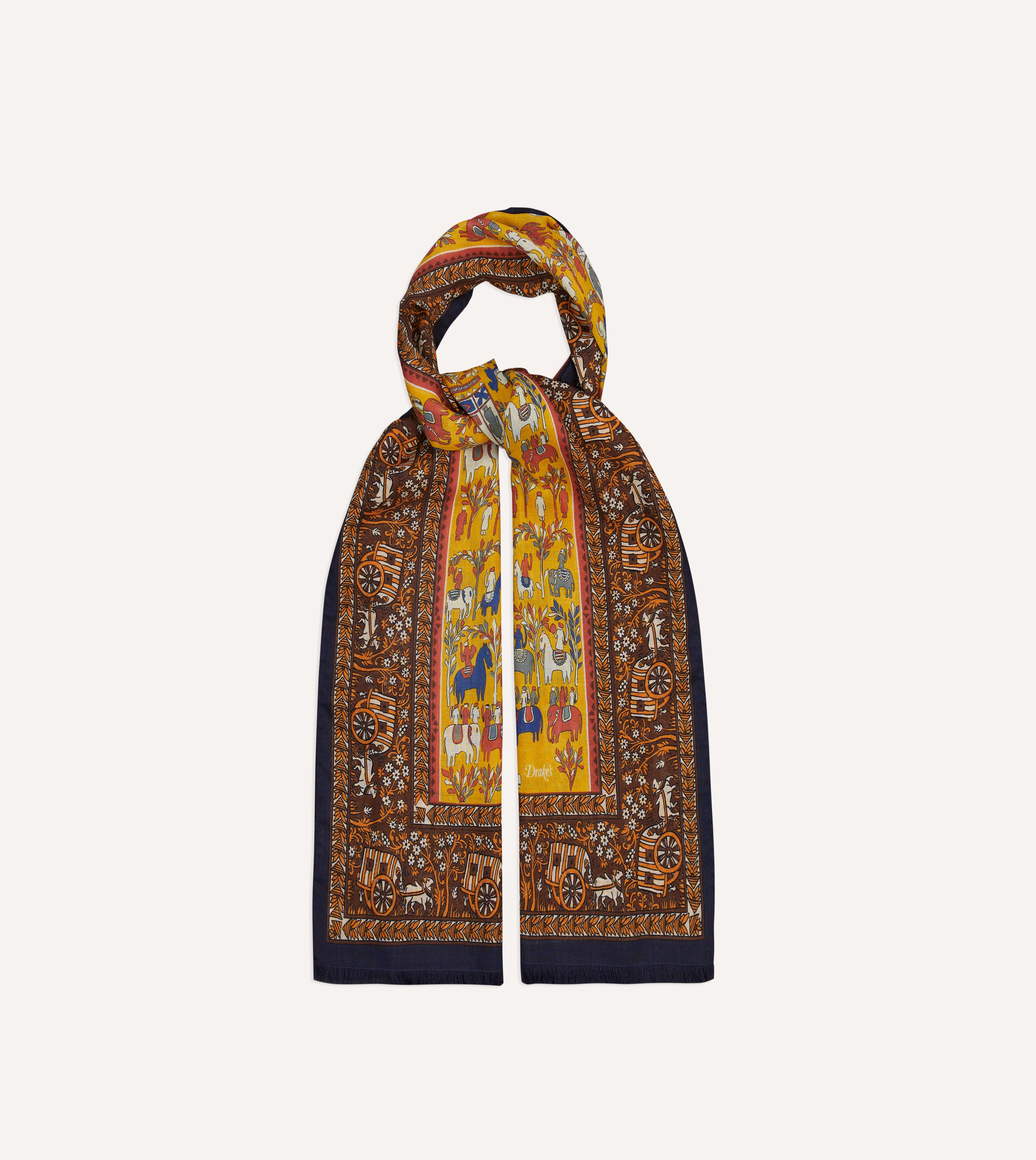 Yellow Elephant Village Print Wool-Silk Scarf