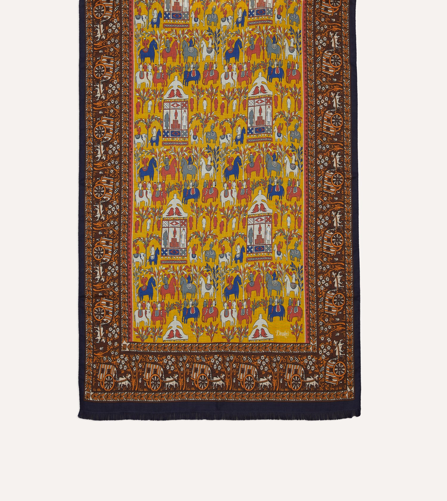 Yellow Elephant Village Print Wool-Silk Scarf