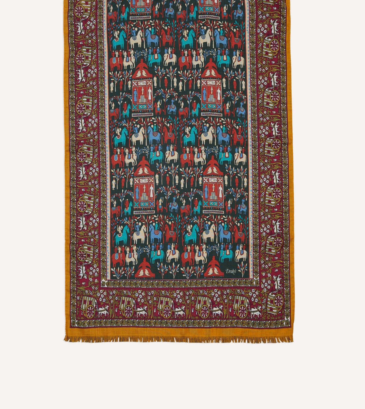 Burgundy Elephant Village Print Wool-Silk Scarf