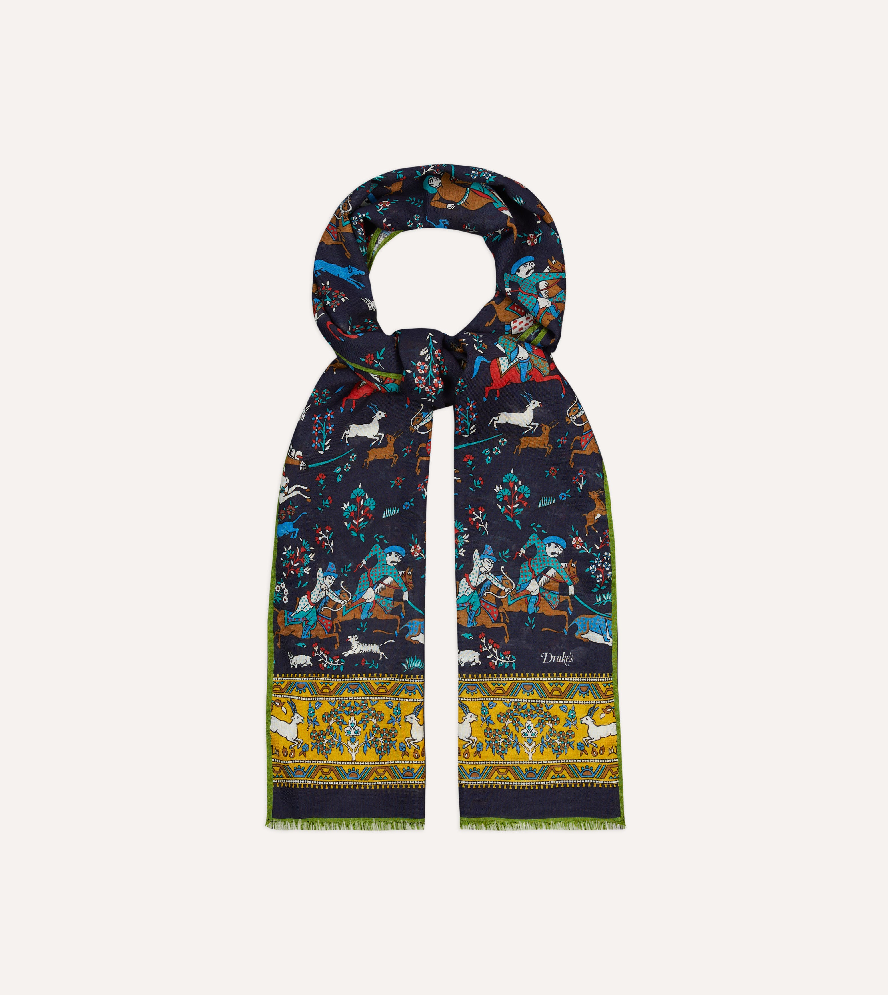 Navy Mughal Archer Print Wool Silk Scarf