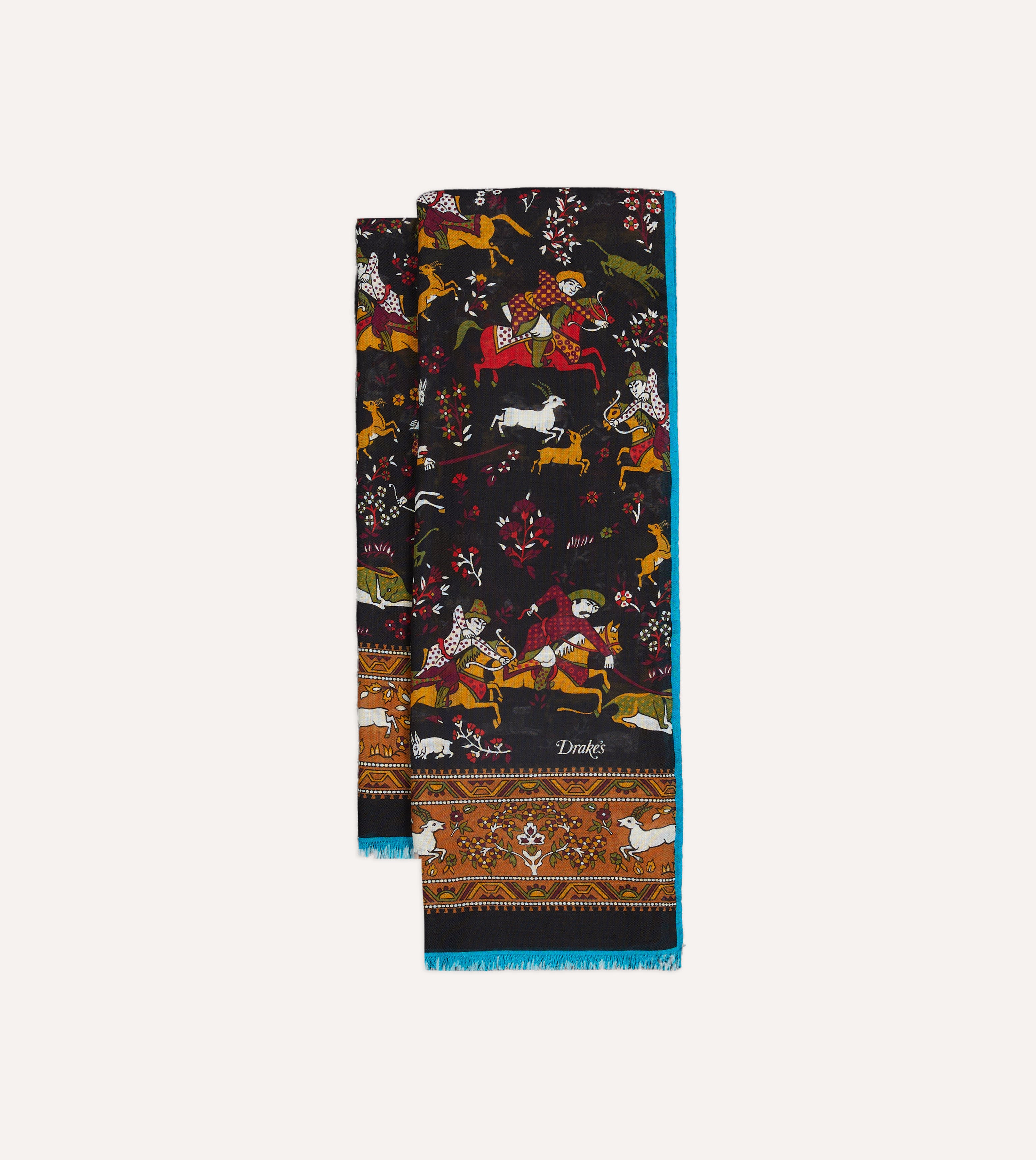 Black Mughal Archer Print Wool Silk Scarf
