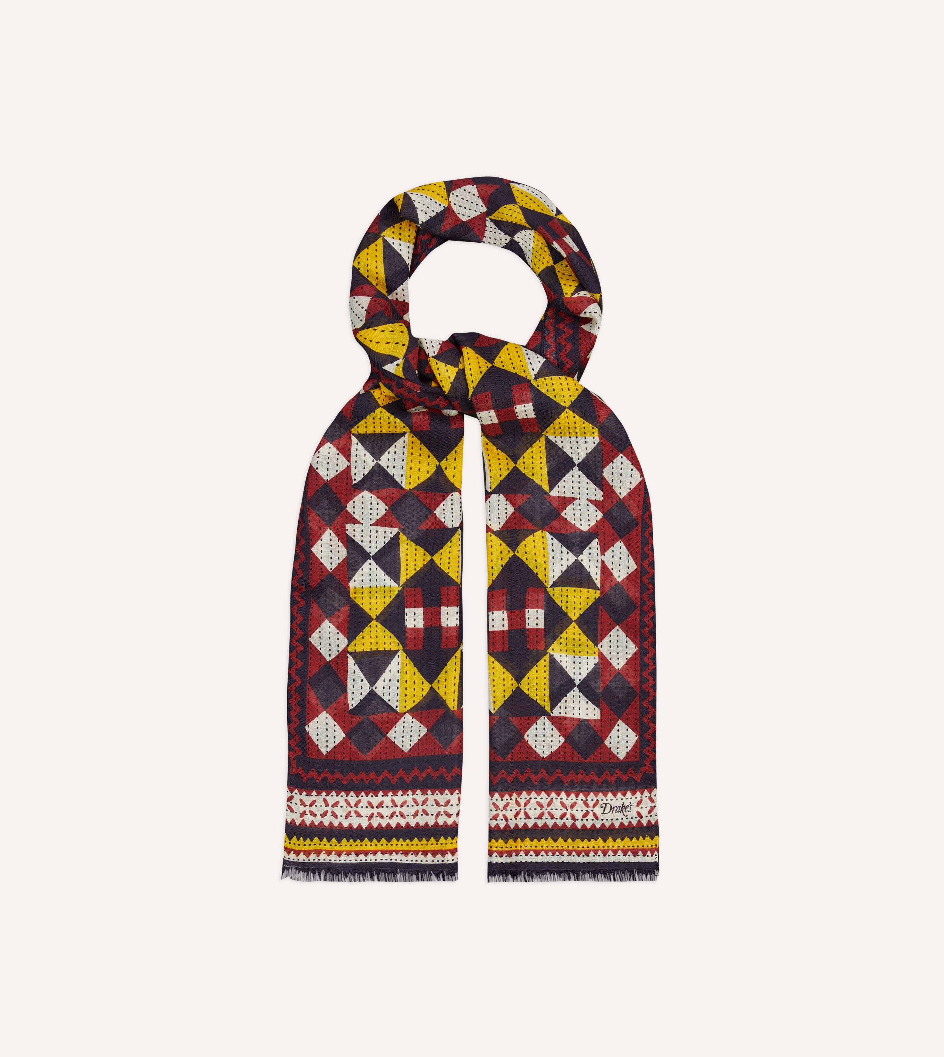 Red and Yellow Patchwork Print Wool-Silk Scarf