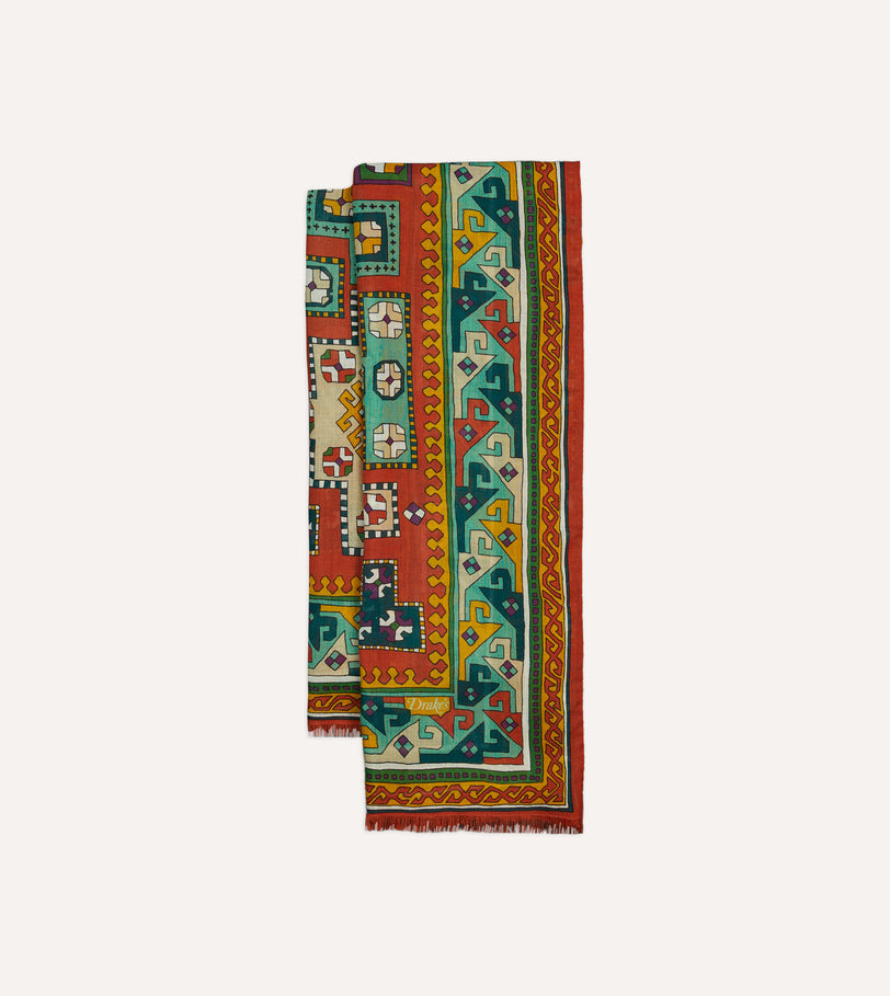 Red Kilim Print Wool-Silk Scarf