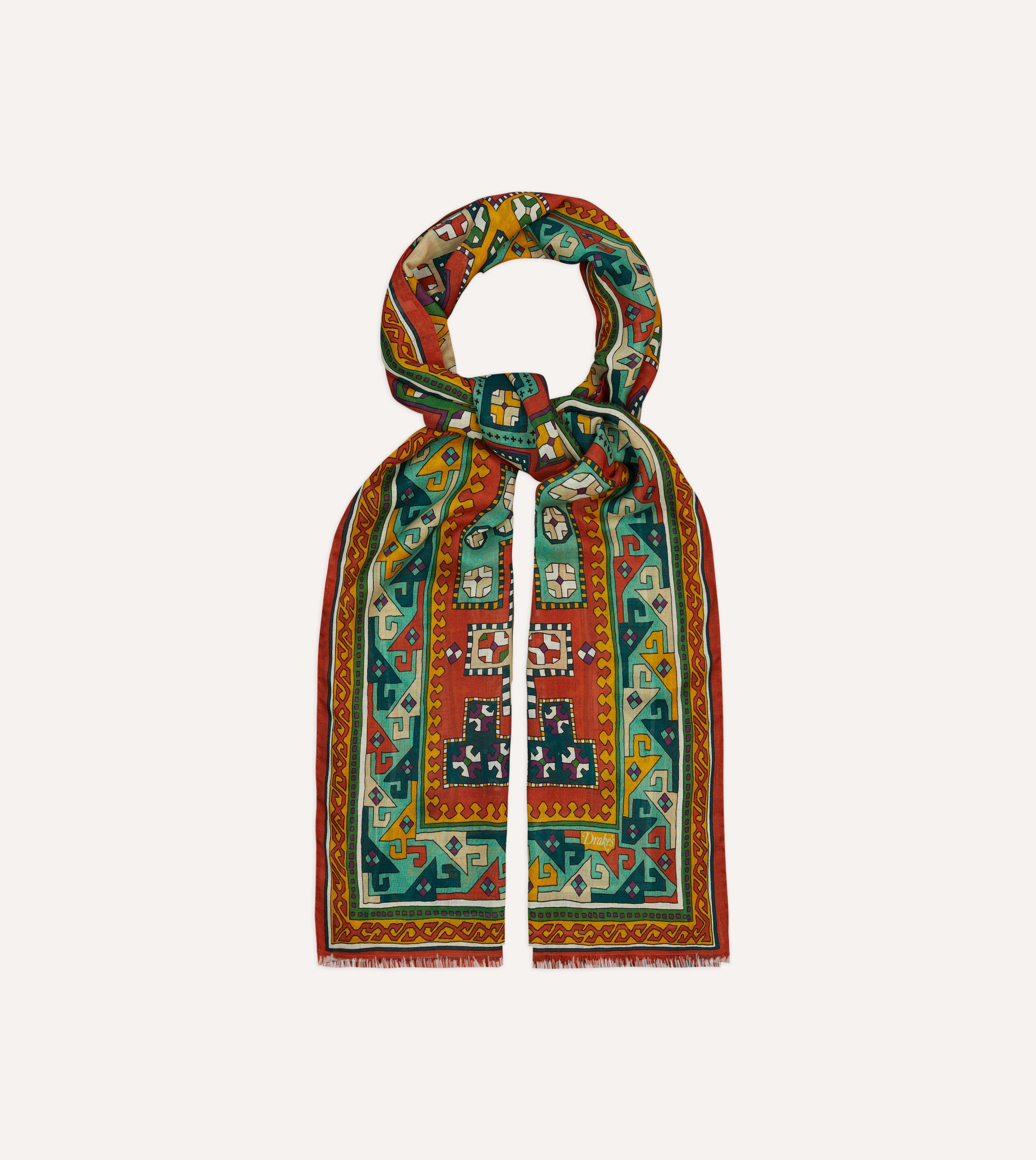 Red Kilim Print Wool-Silk Scarf