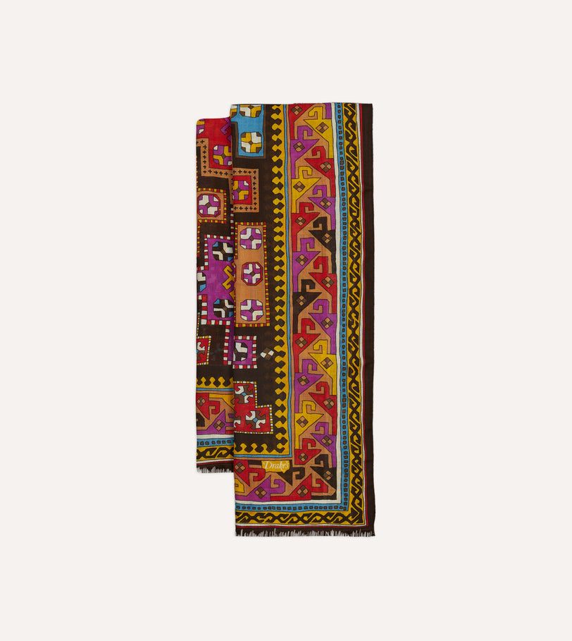 Brown Kilim Print Wool-Silk Scarf